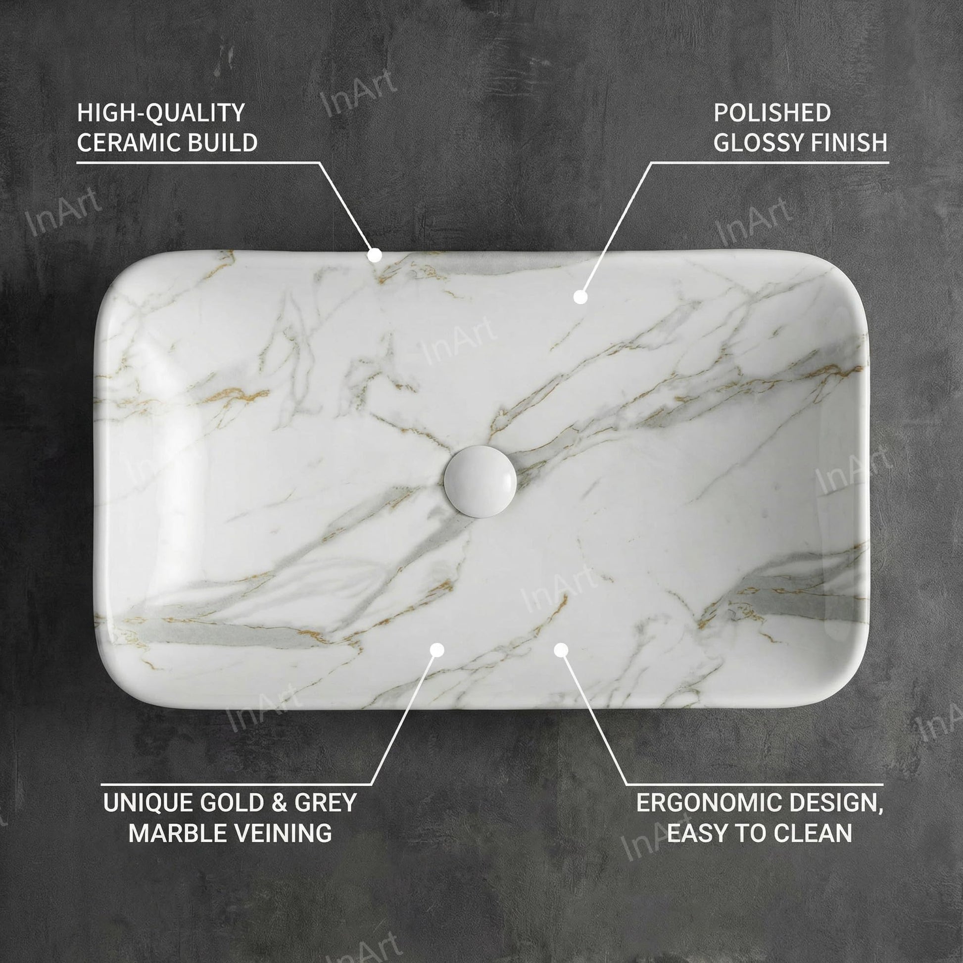 Modern washbasindesign rectangular table top basin in glossy white marble finish, angled view
