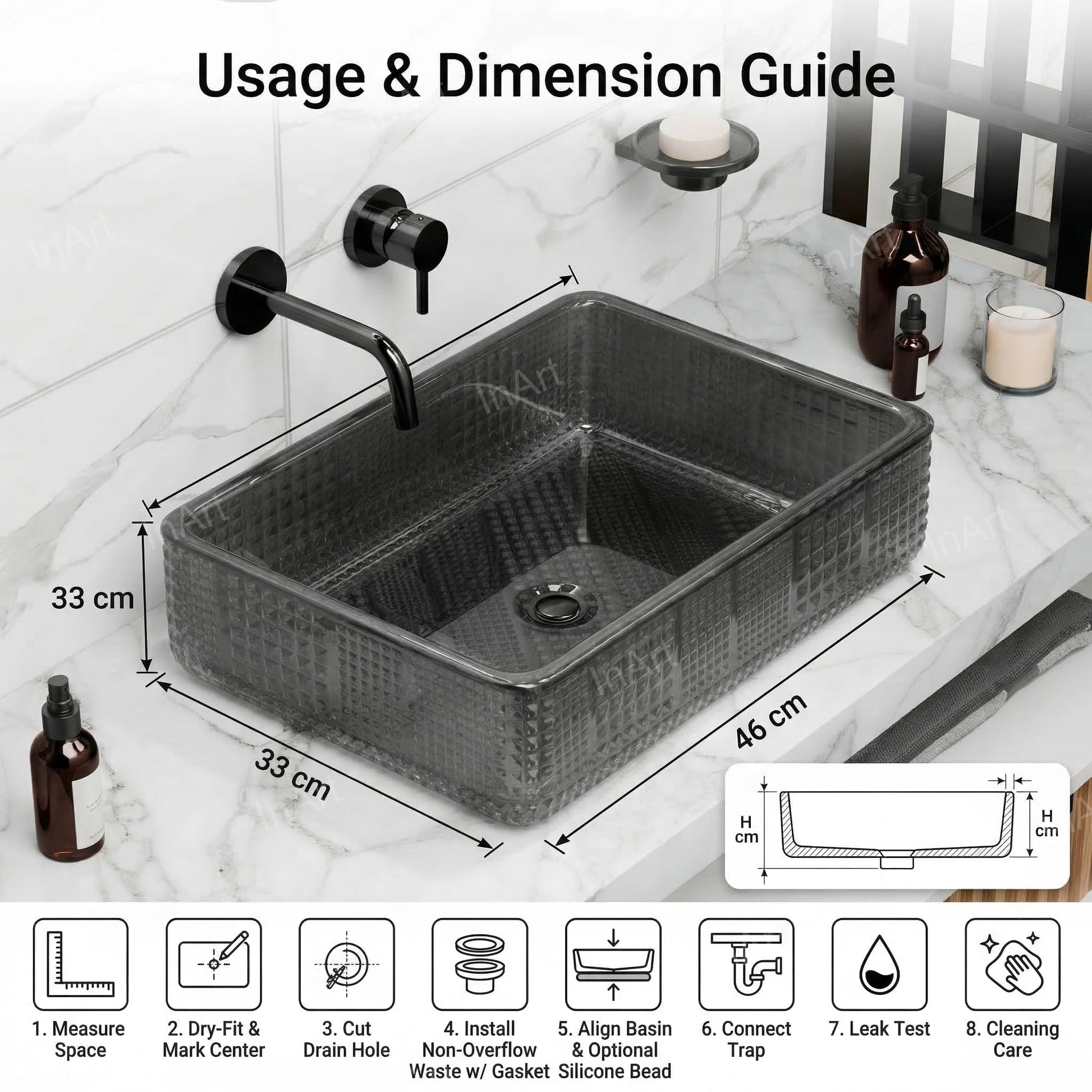 InArt black matte bathroom sink in glass, modern washroom counter styling with tap