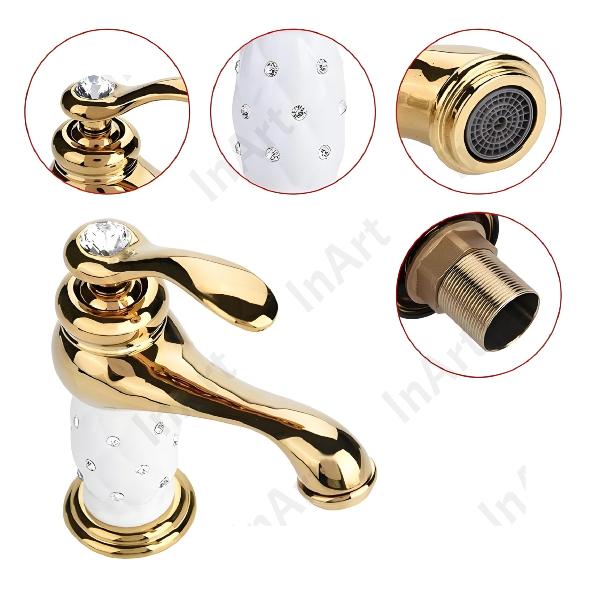 Close-up of single lever wash basin mixer handle in gold white finish, smooth control for hot and cold water