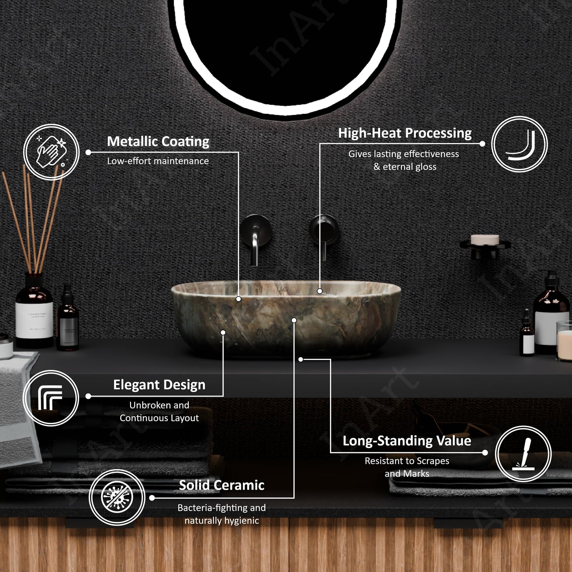 Over counter top wash basin for bathroom vanity, rectangular ceramic basin in green marble design lifestyle view