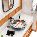 InArt designer ceramic wash basin, round table top basin in blue floral Moroccan print, angled view