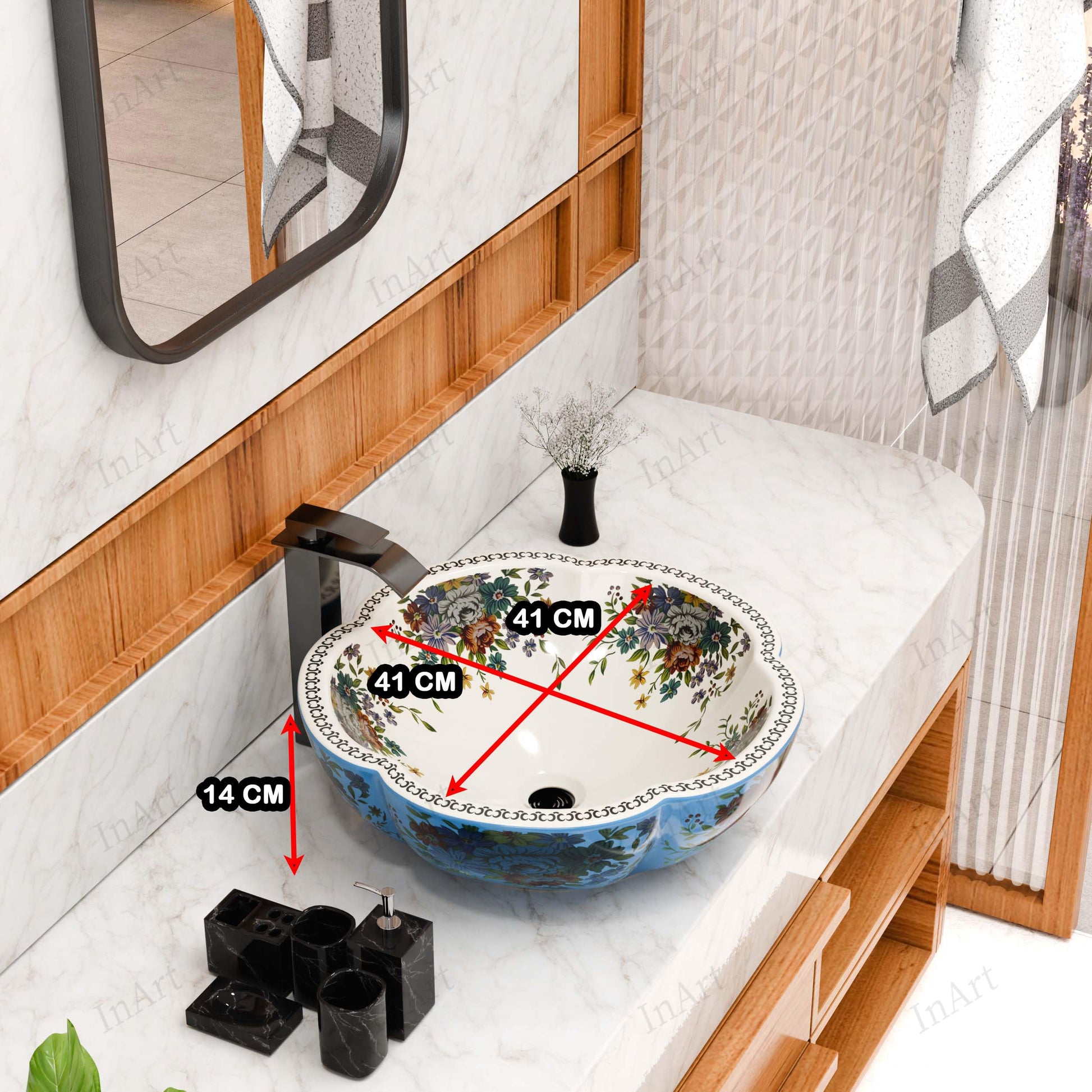 InArt designer ceramic wash basin, round table top basin in blue floral Moroccan print, angled view
