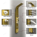 304 stainless steel shower tower panel in gold, close-up of rainfall shower outlet and sleek rectangular design