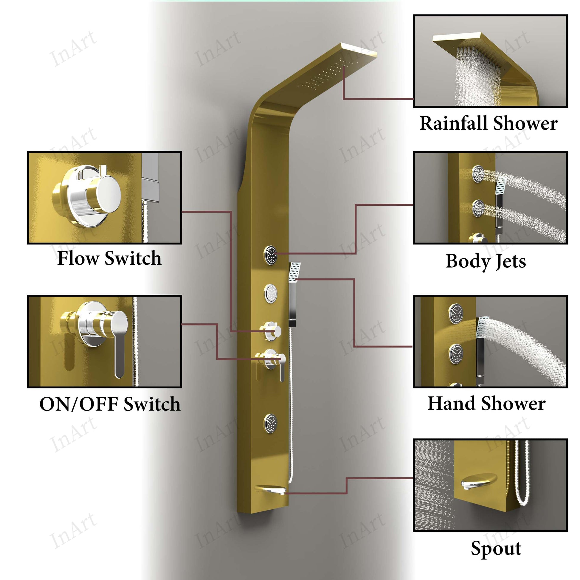 304 stainless steel shower tower panel in gold, close-up of rainfall shower outlet and sleek rectangular design