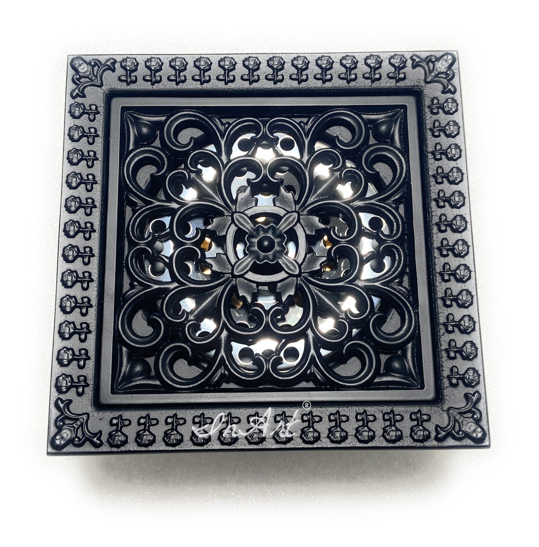 InArt brass floor drain jali square with cockroach trap, antique bronze black finish, main view