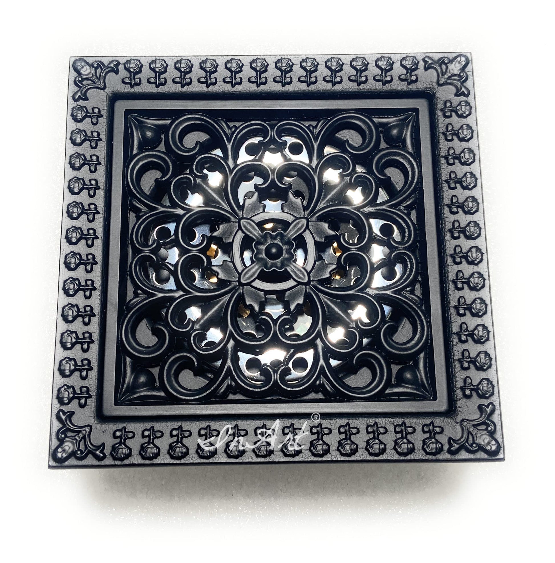 InArt brass floor drain jali square with cockroach trap, antique bronze black finish, main view