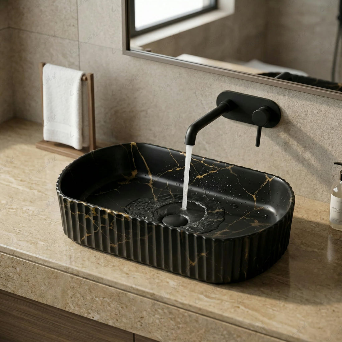 InArt ceramic table top wash basin, rectangular matte black marble finish, front view