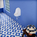 Ceramic wall mounted urinal for men in glossy white, rectangular side angle view