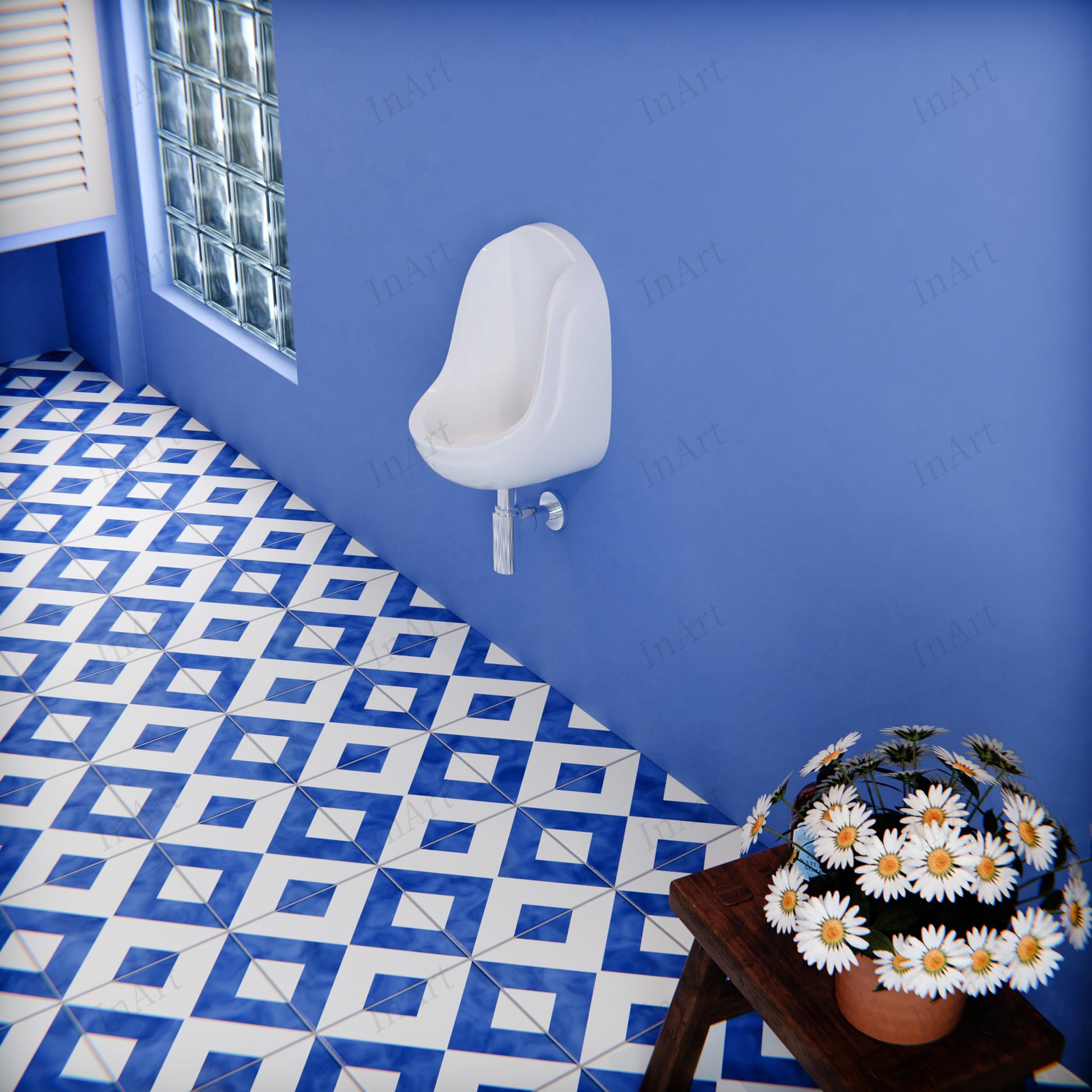 Ceramic wall mounted urinal for men in glossy white, rectangular side angle view