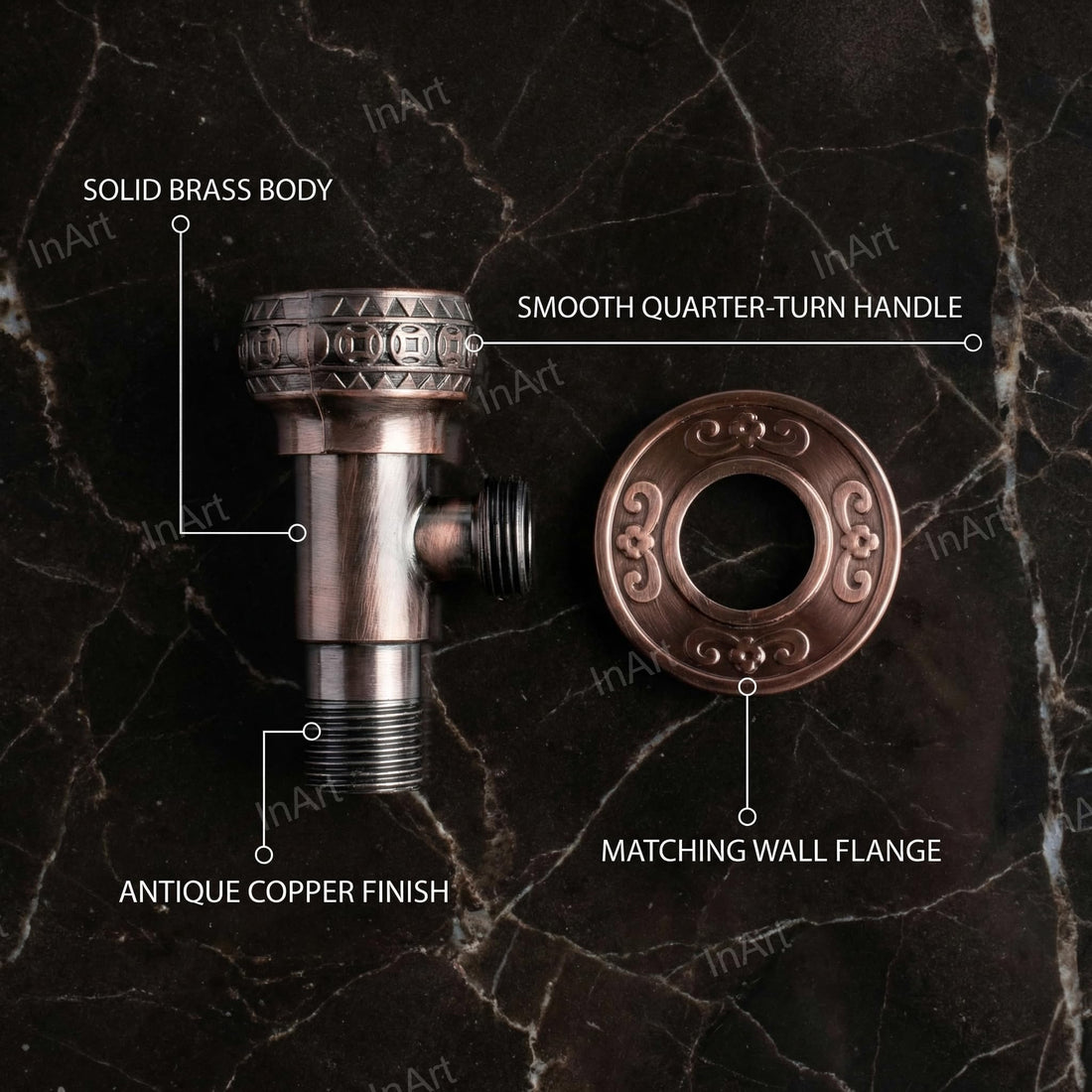 InArt zinc angle valve for wash basin 1 2 inch with wall flange, antique brass finish, front view