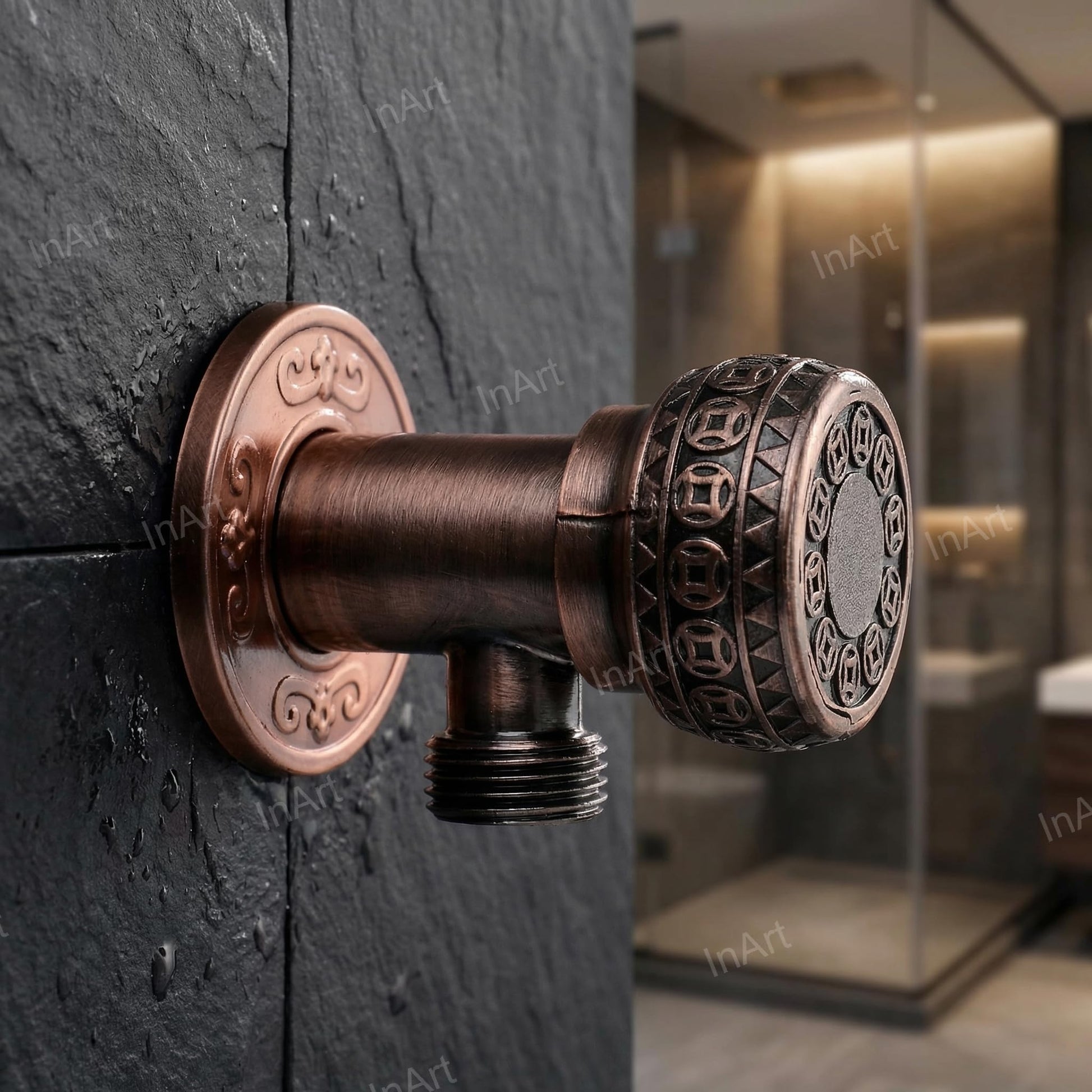 Angle valve for geyser connection 1 2 inch, antique brass stop cock with wall flange for bathroom