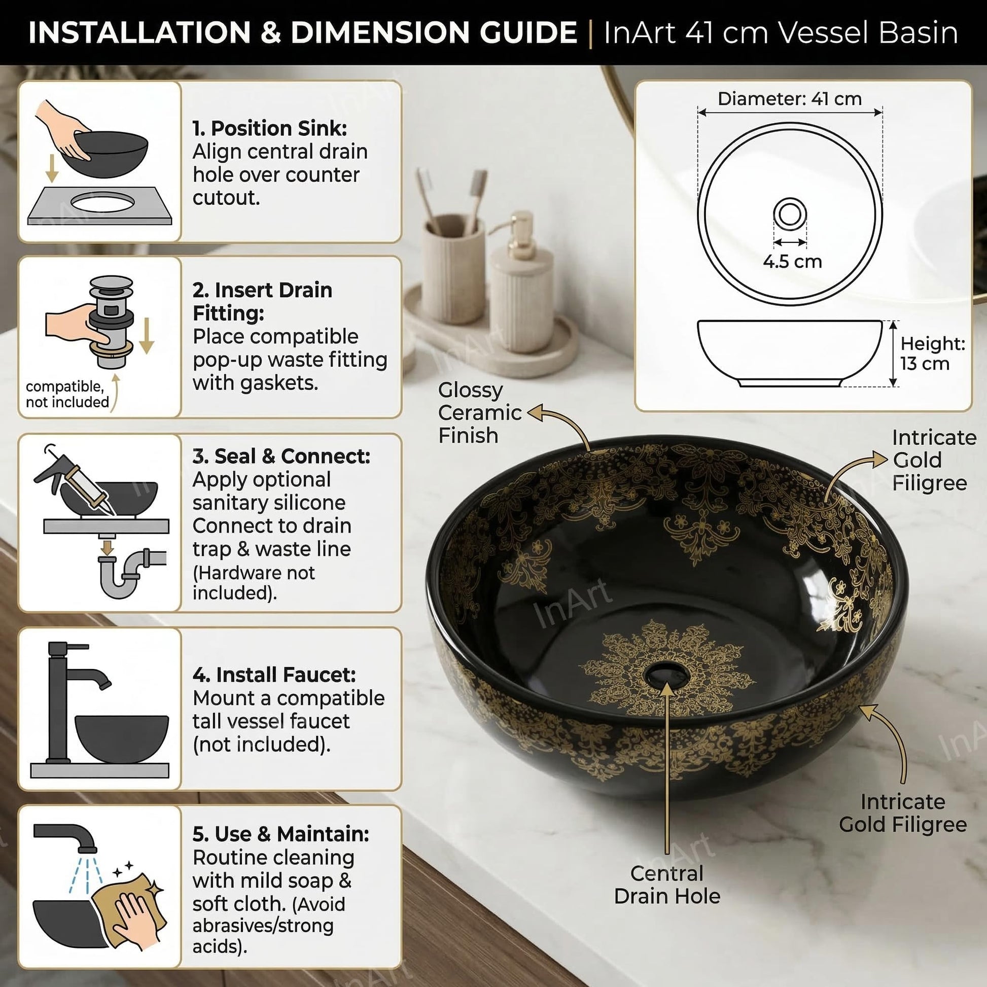 Table top basin design with cabinet, glossy black round wash basin styled for modern washroom