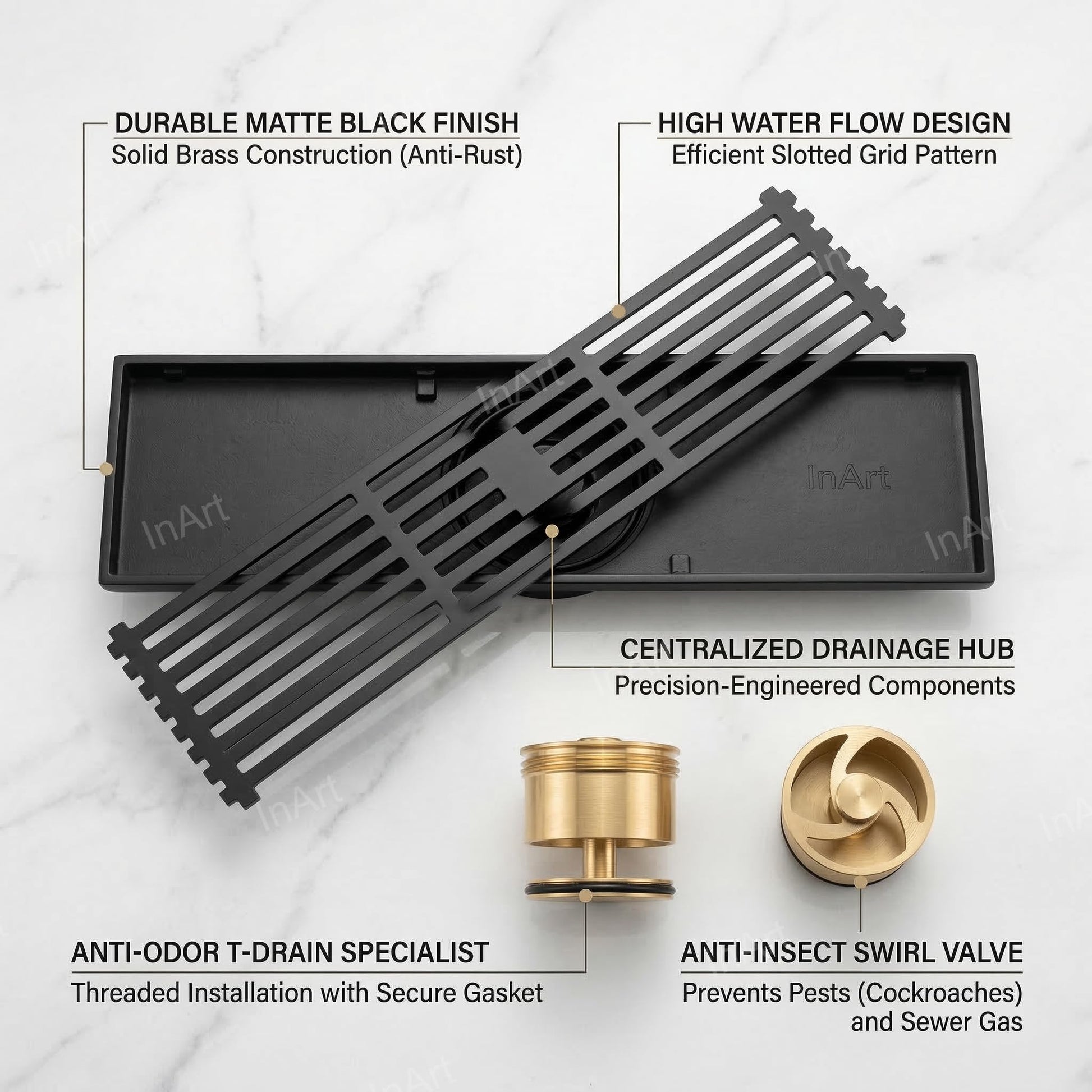 InArt square brass floor drain jali with cockroach trap, angled view in antique brass bronze black finish