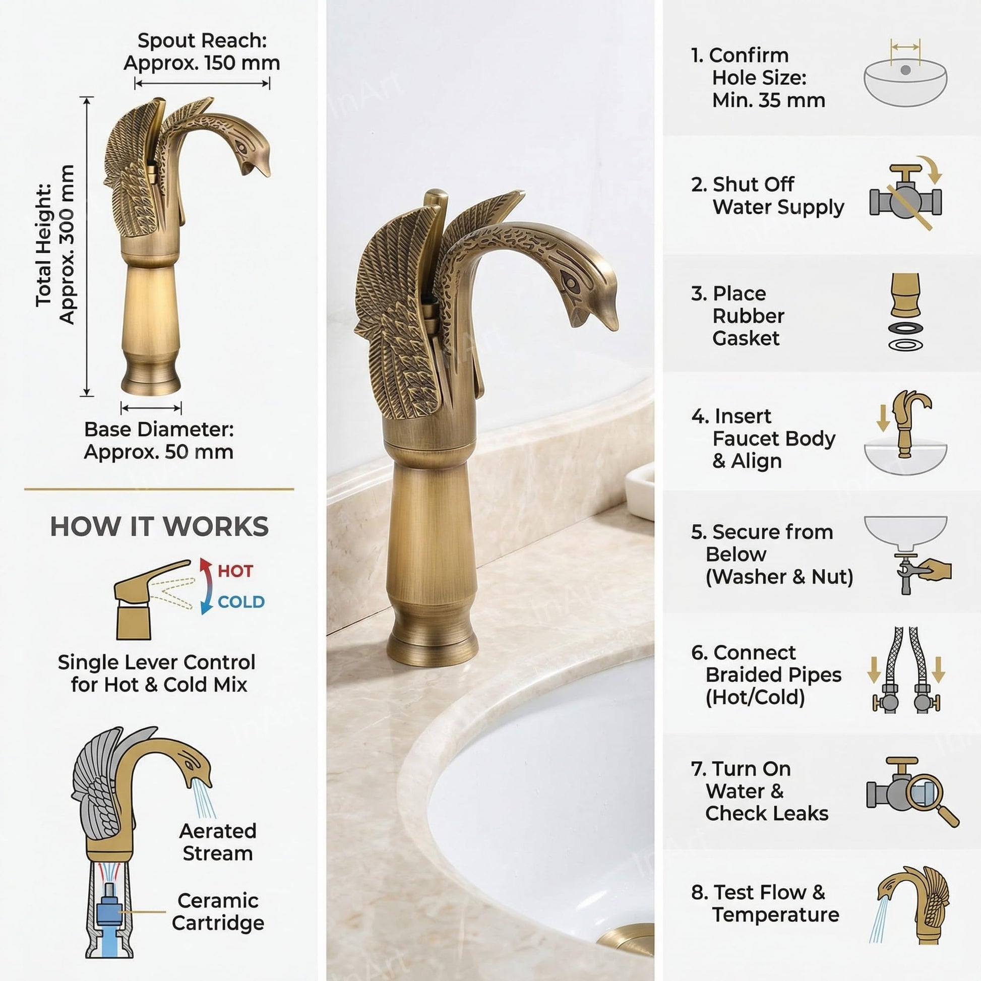 InArt brass basin tap tall body base and mounting view, single lever wash basin mixer for Indian bathrooms