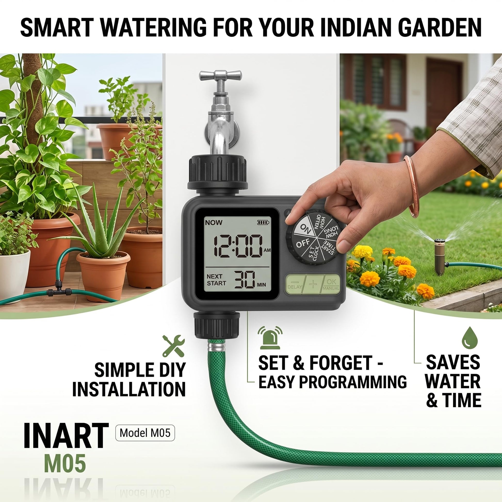 Rain delay feature on water timer for garden tap to pause watering