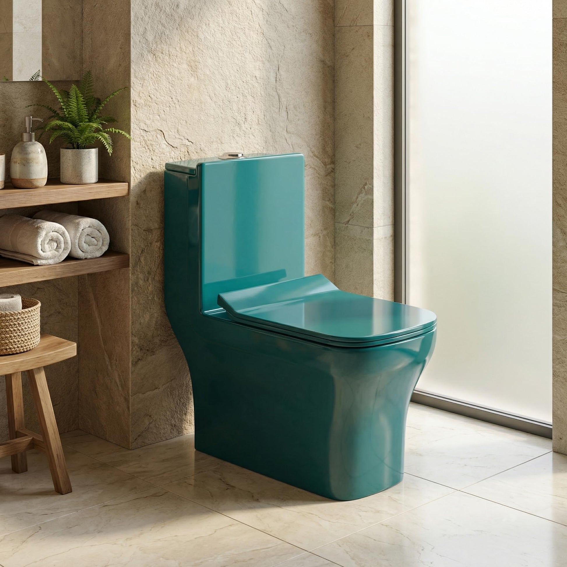 InArt single piece western toilet in green ceramic, rectangular floor mounted commode with soft close seat