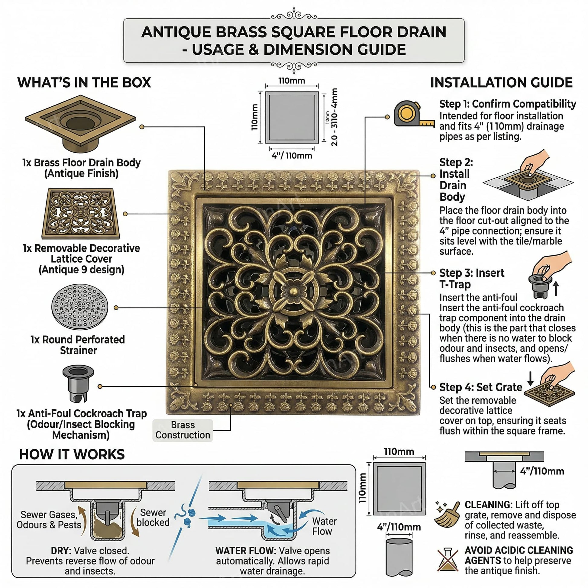 InArt brass floor drain jali installed in bathroom floor, cockroach trap helps block foul smell and pests
