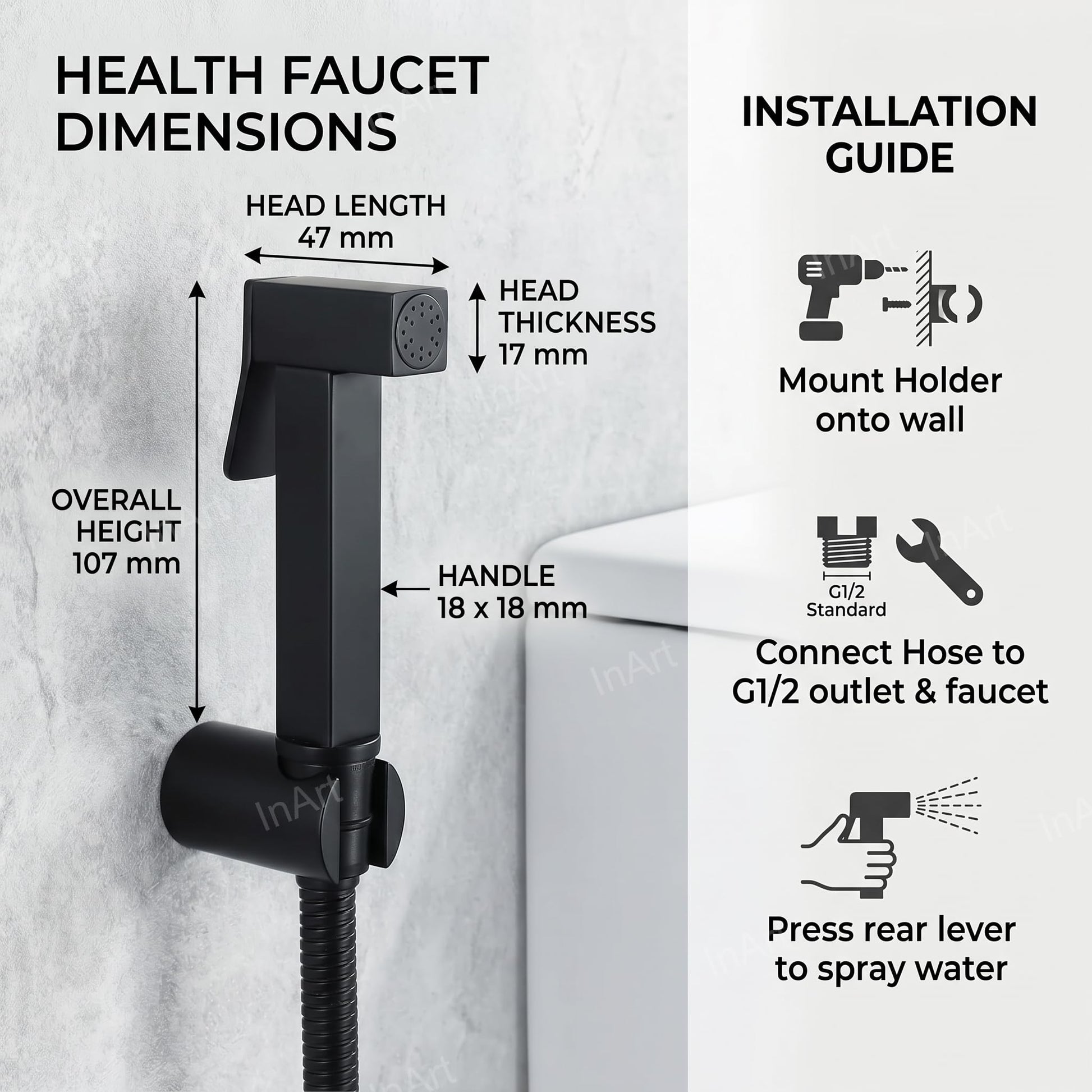InArt health faucet gun with lever, close-up of nozzle and trigger for controlled toilet jet wash