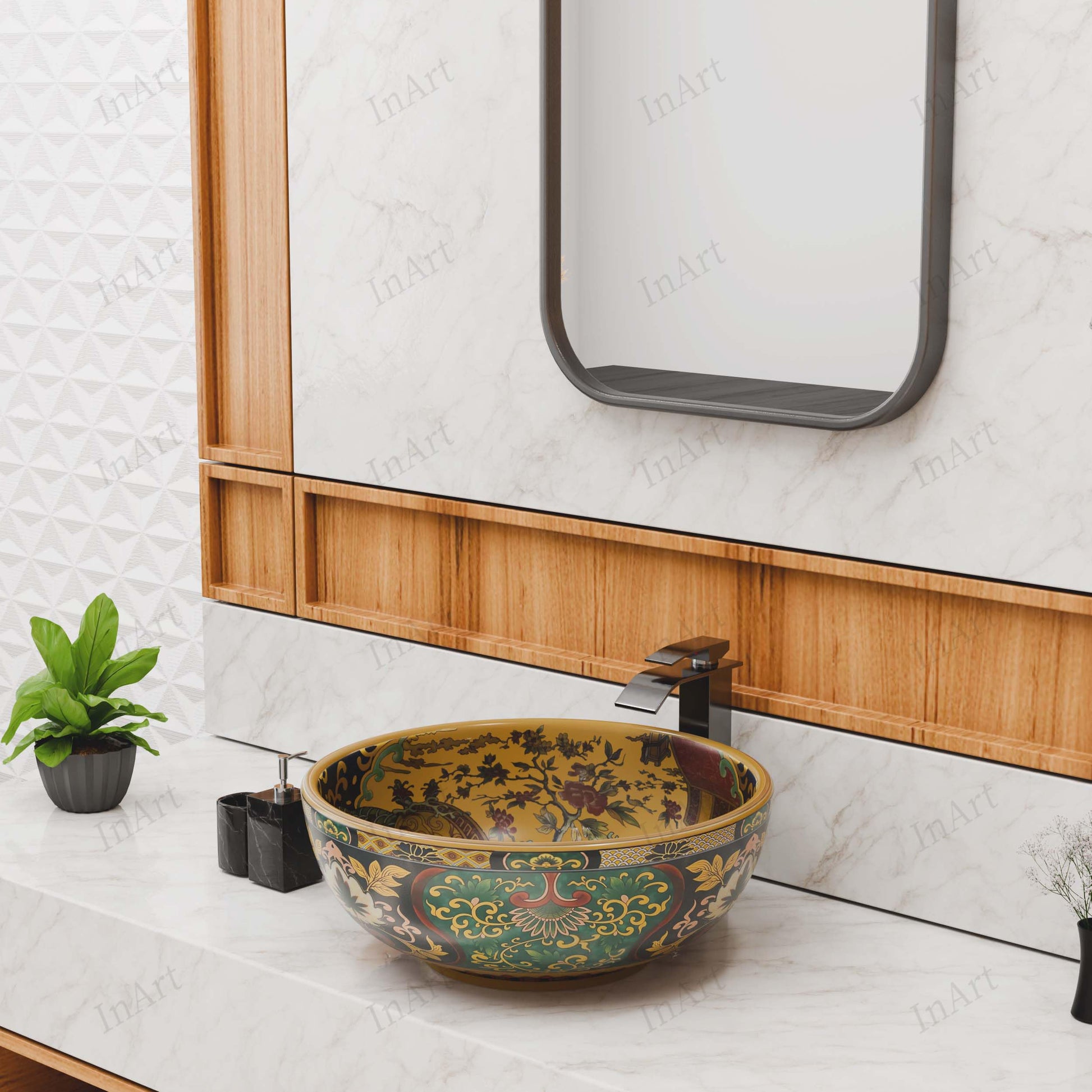 InArt designer ceramic wash basin, round table top basin in Moroccan pattern, 3/4 angle view