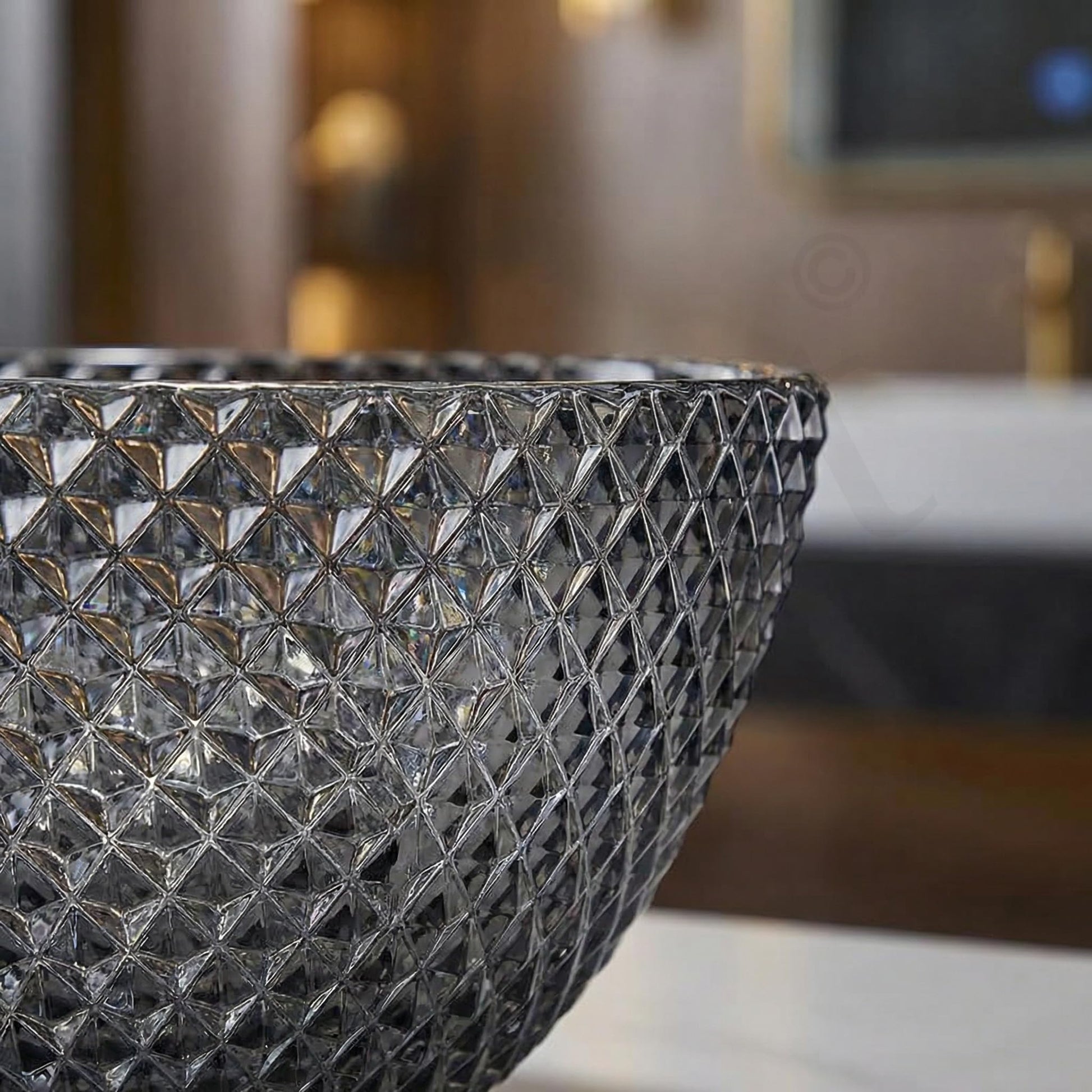 Modern table top wash basin glass design in black, square tempered glass bowl, side angle view