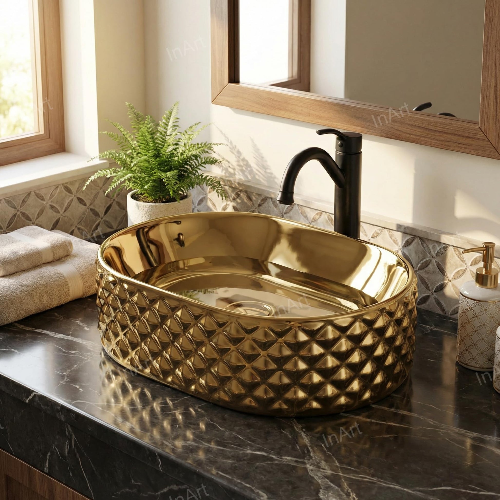 Countertop ceramic wash basin gold with glossy easy-clean finish, close-up of smooth rim detail