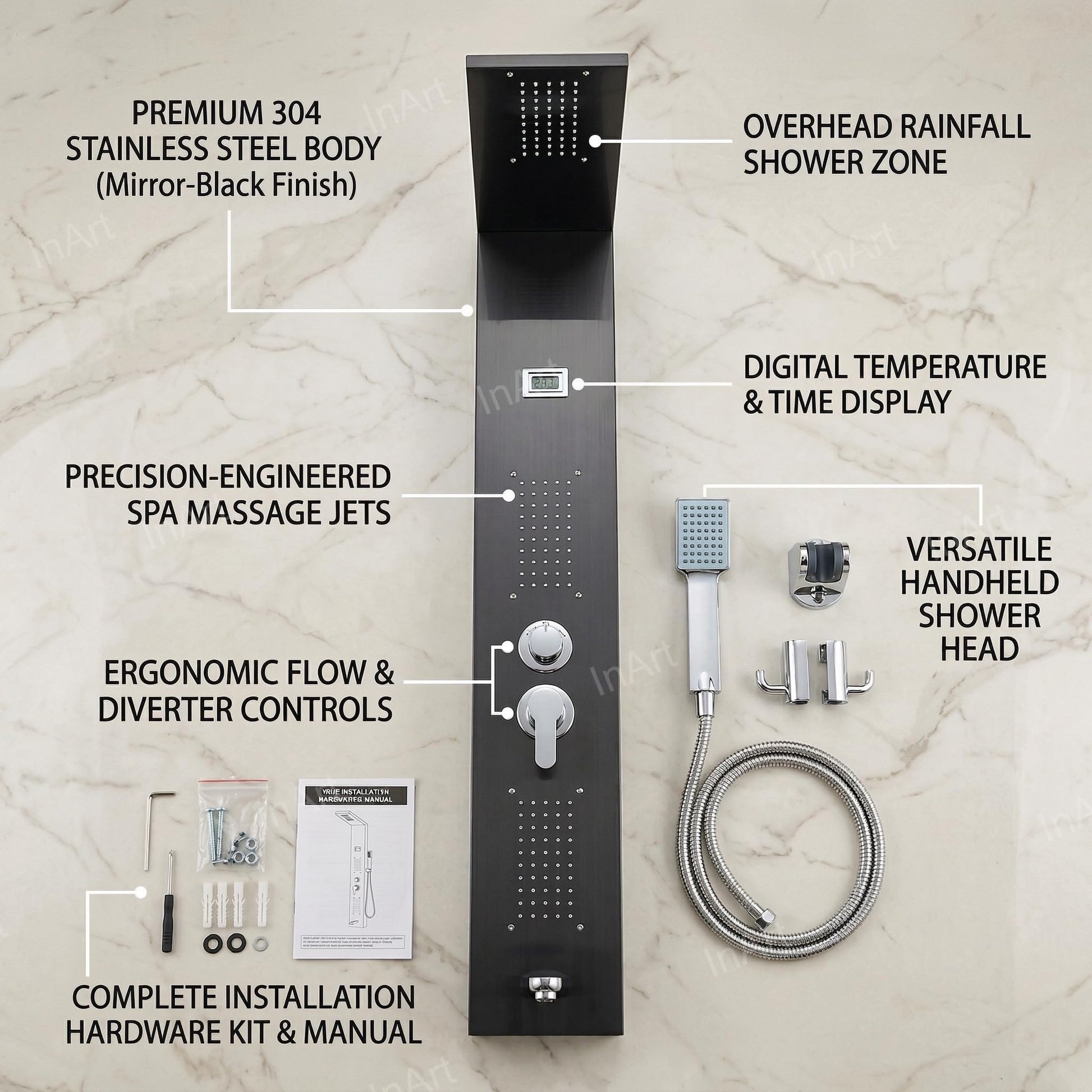 Shower tower black wall mount shower panel with jets, mirror black stainless steel, angled view