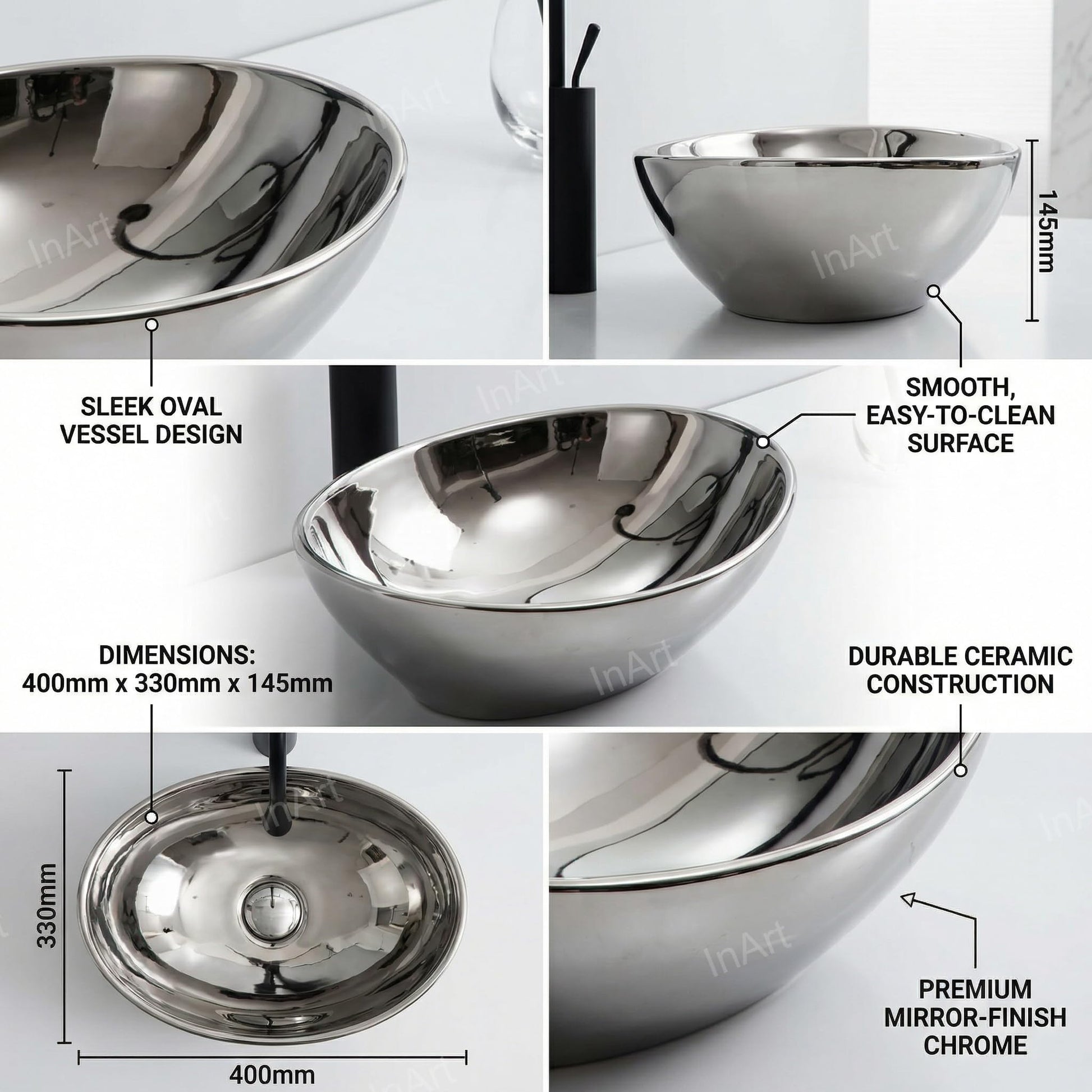 Table top basin design in oval silver ceramic, side angle showing over counter fit and smooth rim finish