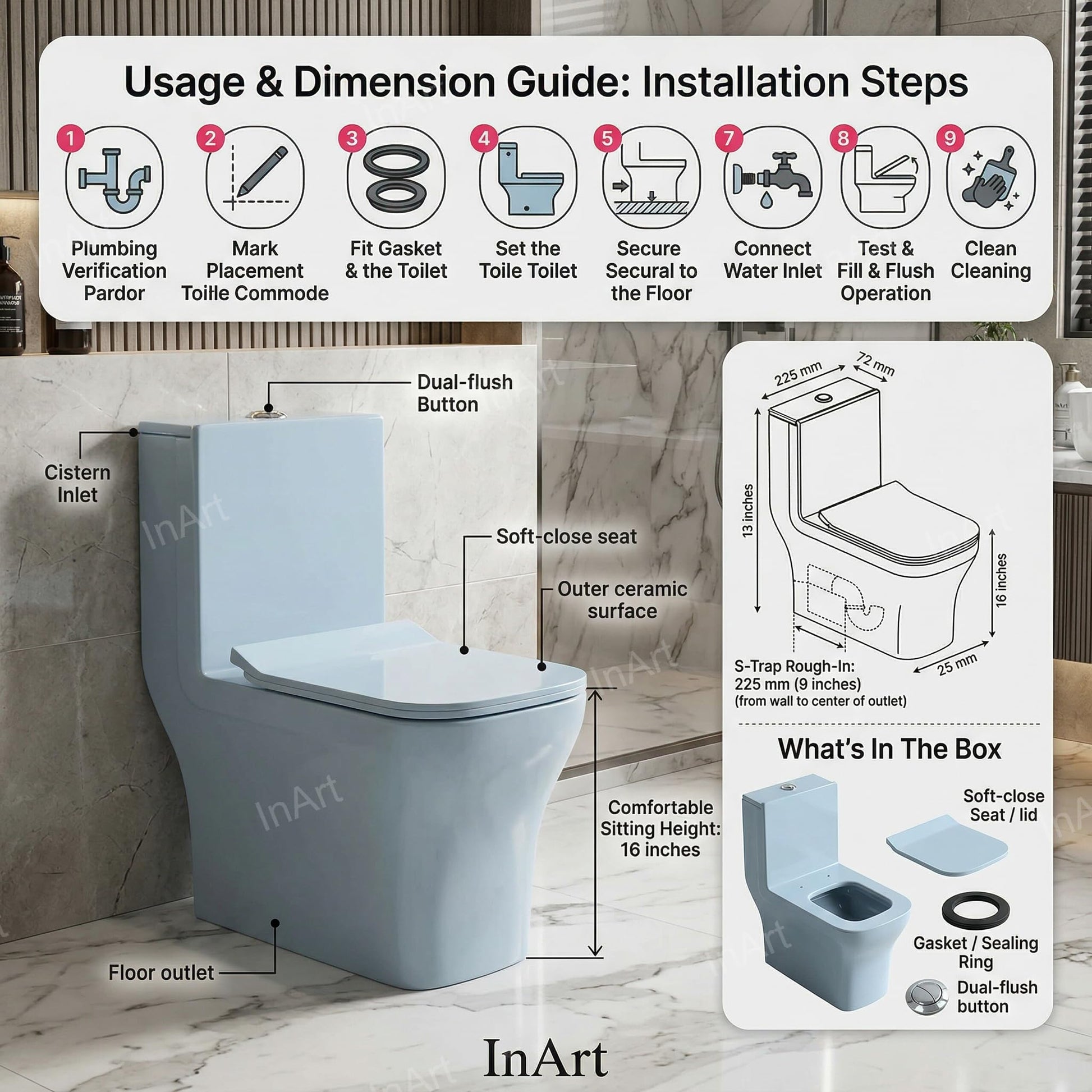 InArt ceramic western toilet commode in glossy light blue finish, smooth rim design detail for easy cleaning