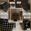 Wall mounted WC black gold finish, 3/4 angle view of rimless ceramic commode with soft close seat