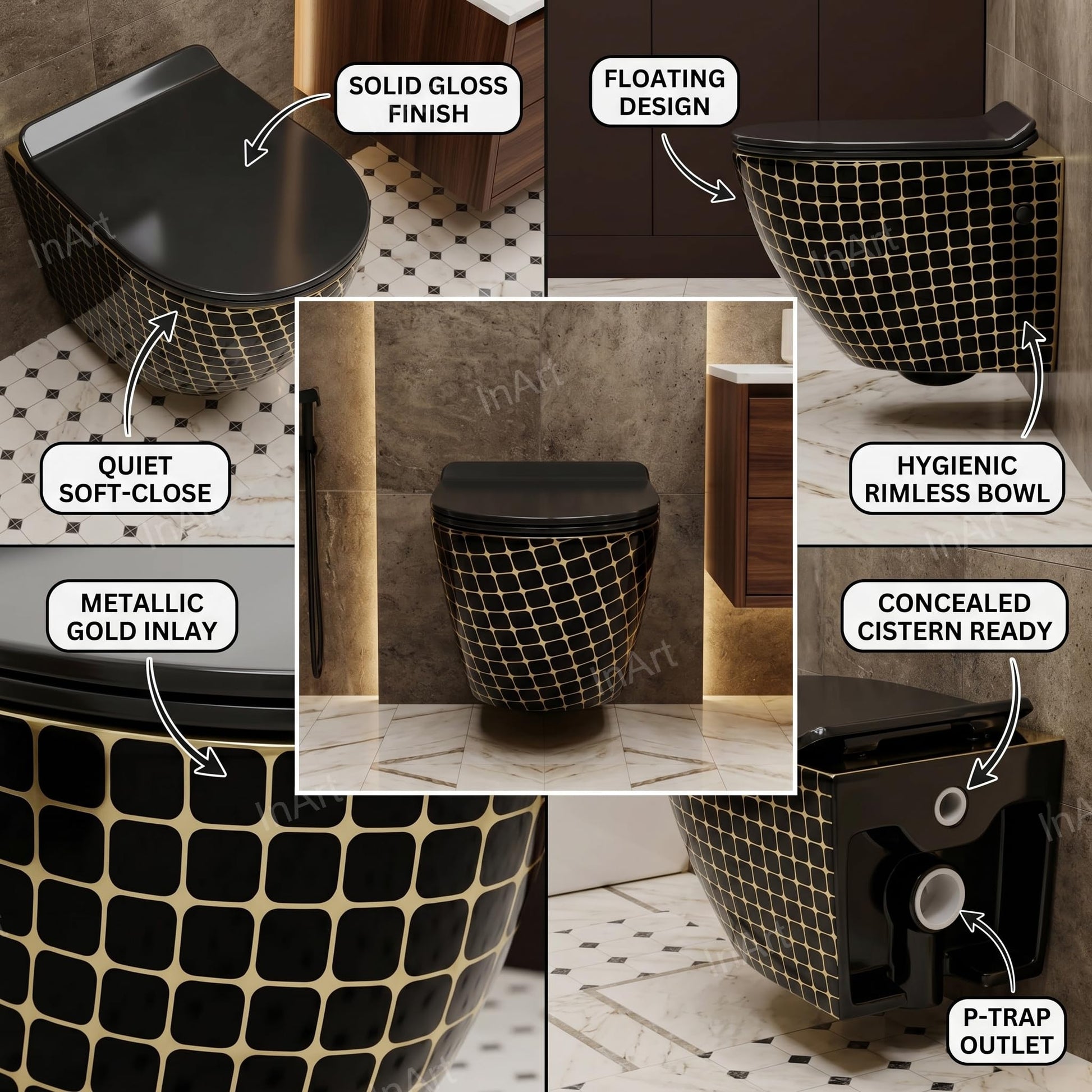 Wall mounted WC black gold finish, 3/4 angle view of rimless ceramic commode with soft close seat