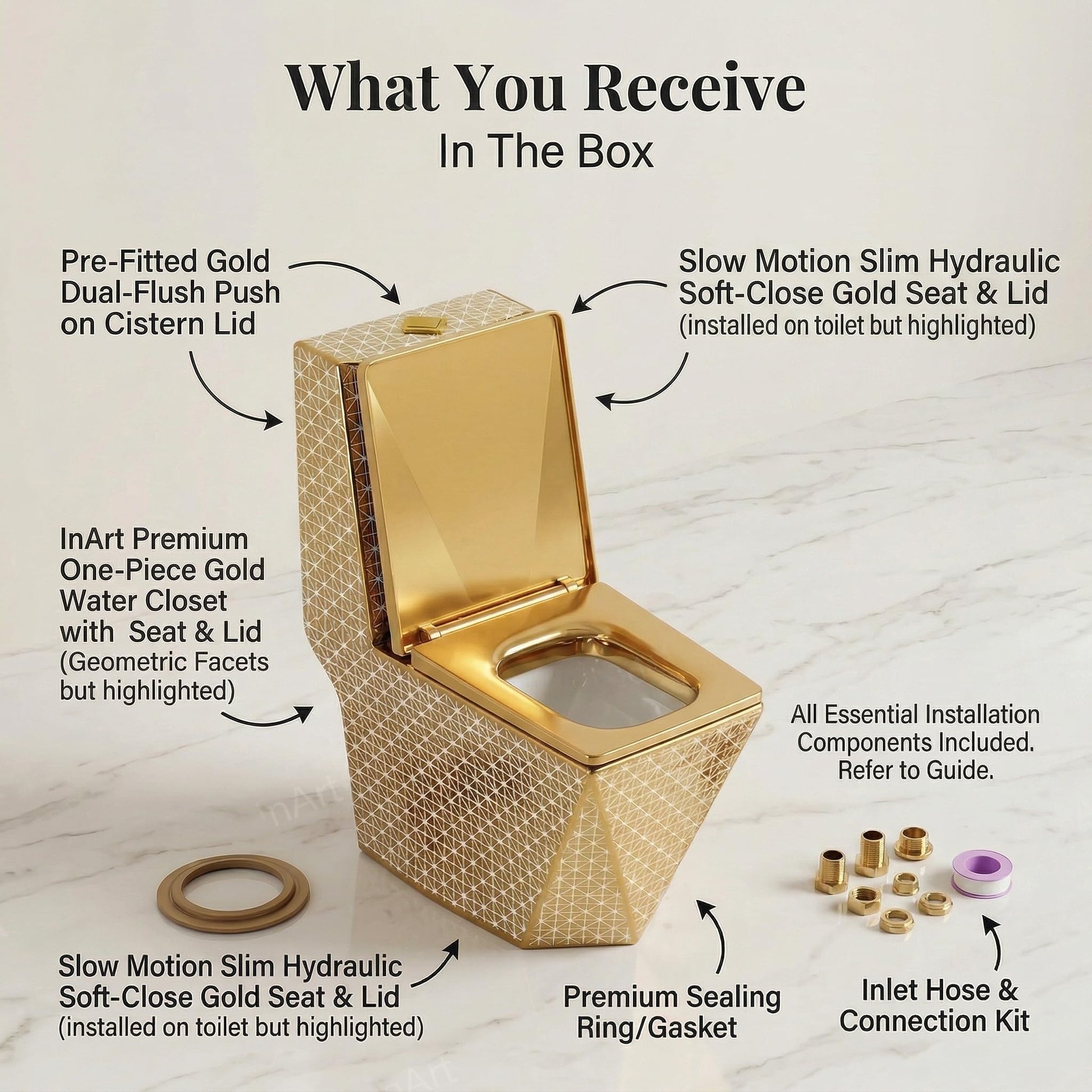 Compact 68x35x82 cm gold ceramic one piece water closet, western toilet for stylish Indian washroom