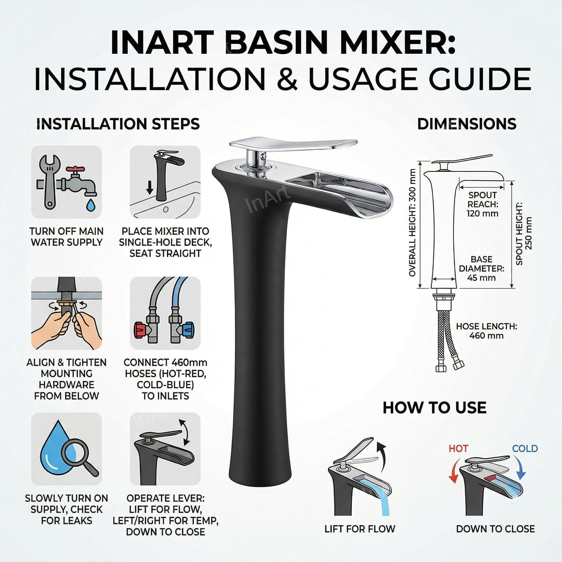 InArt single lever basin mixer installed on wash basin, black chrome tap for modern bathroom interior look