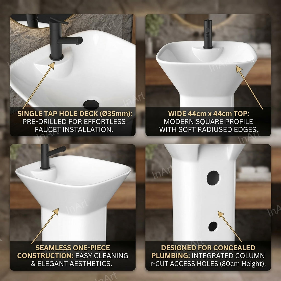 InArt ceramic pedestal wash basin designs in glossy white square finish, one piece free standing front view