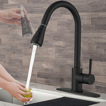 InArt kitchen pull out faucet in SS 304 high arc gooseneck, matte black sink mixer tap with sprayer