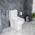 Western toilet single piece with soft close seat, rear angle view of rimless syphonic ceramic commode
