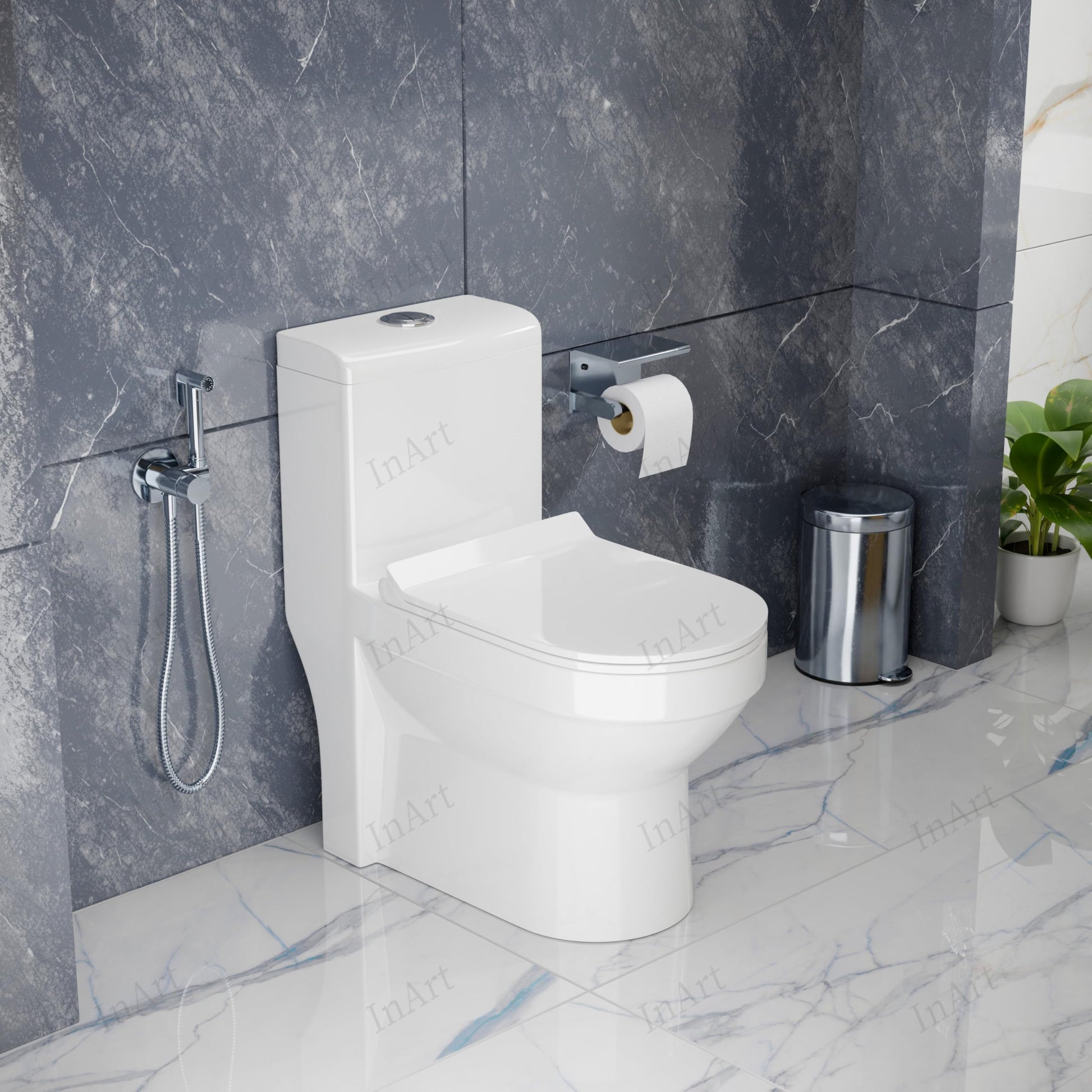 Western toilet single piece with soft close seat, rear angle view of rimless syphonic ceramic commode