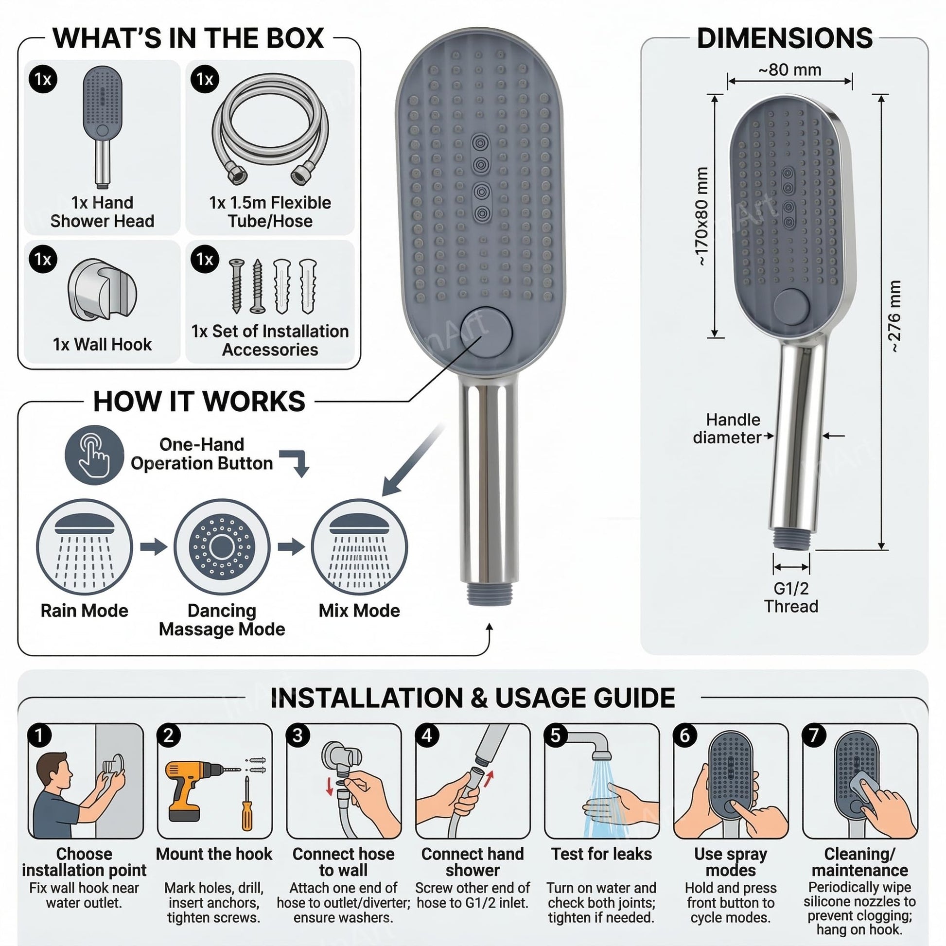 Replacement hand shower head with hose 1.5 metre, chrome finish ABS round 3 function - packaging view
