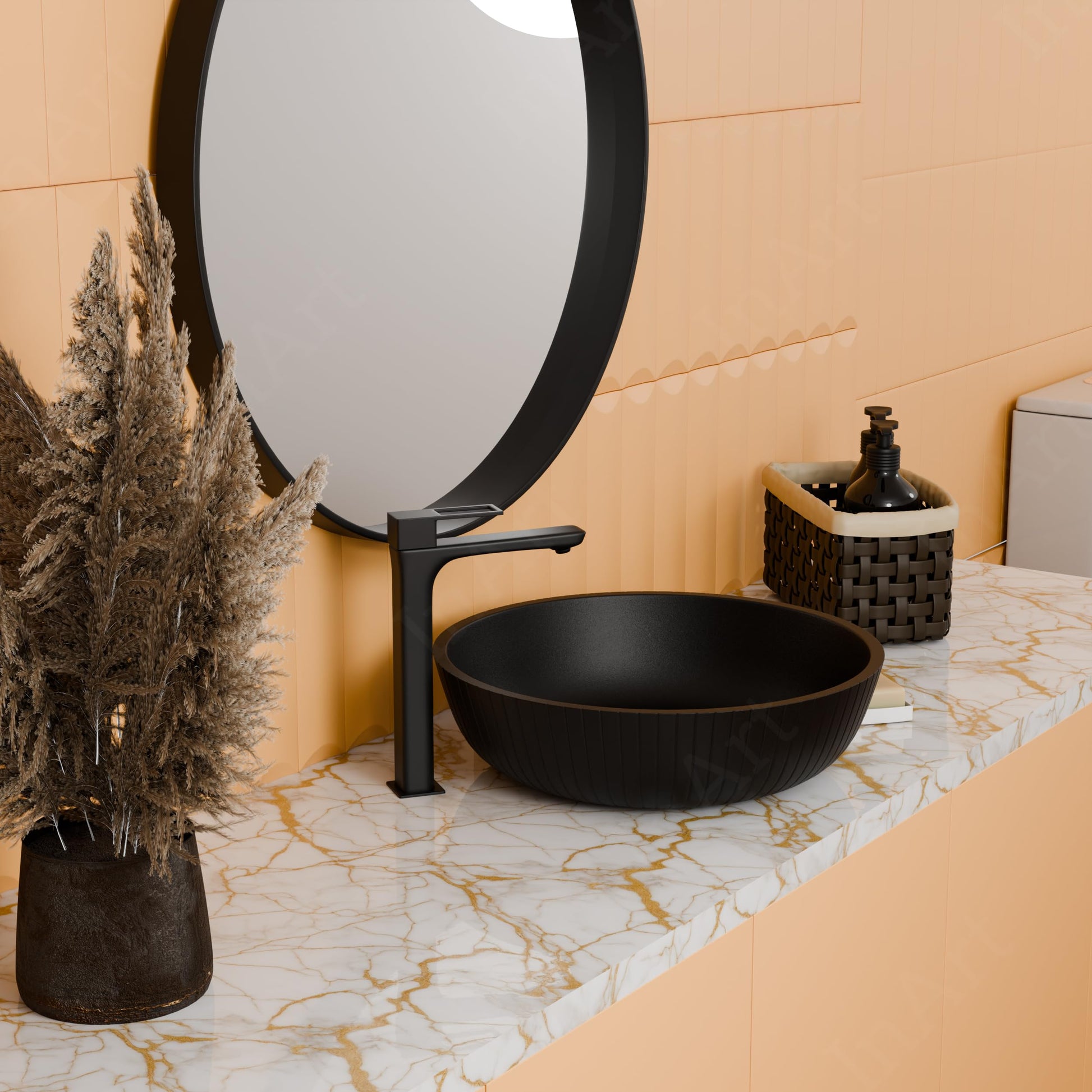 Round table top wash basin design with wide rim, matte black quartz basin detail for easy tap pairing