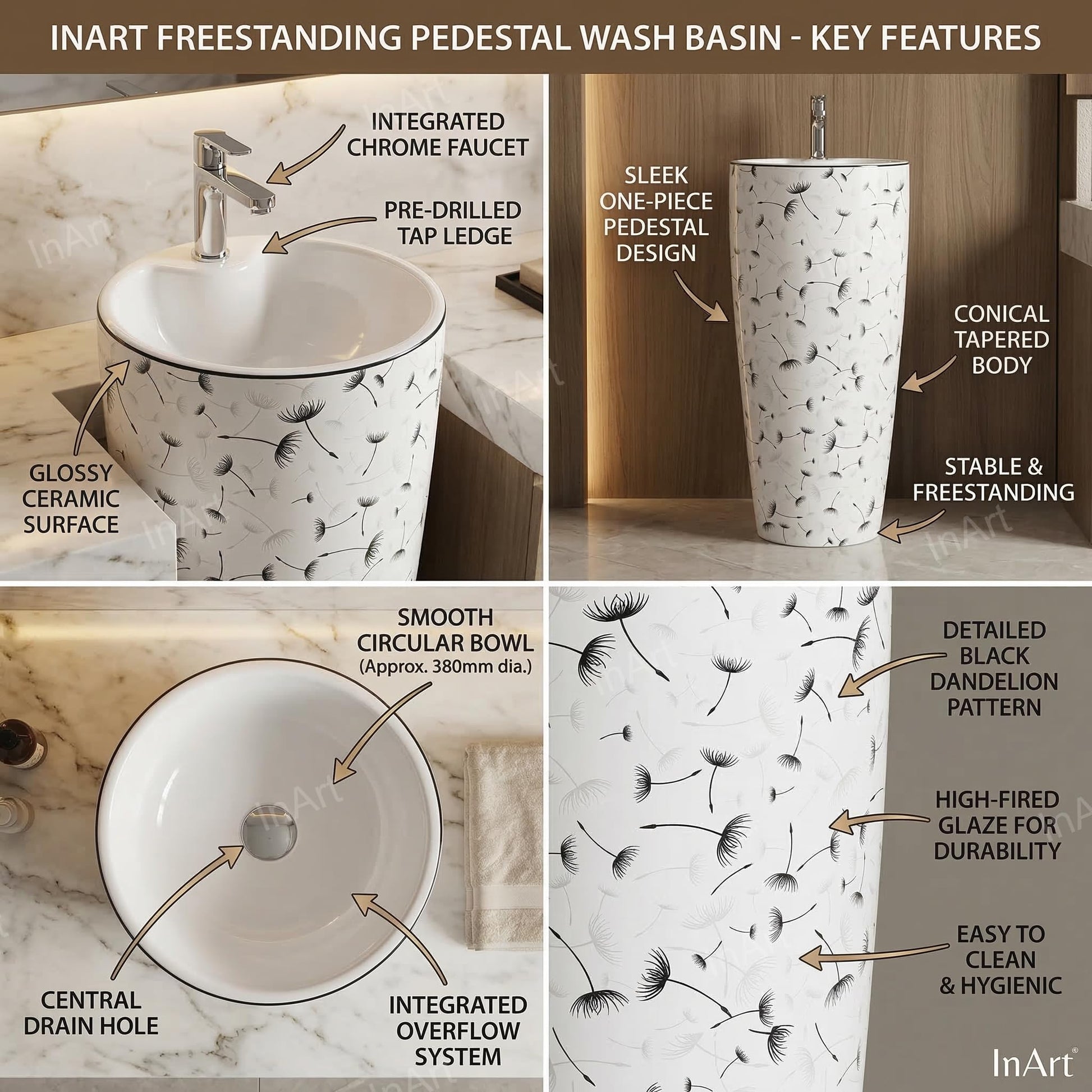 Designer standing wash basin, side angle showing tall ceramic pedestal and round bowl in white black floral
