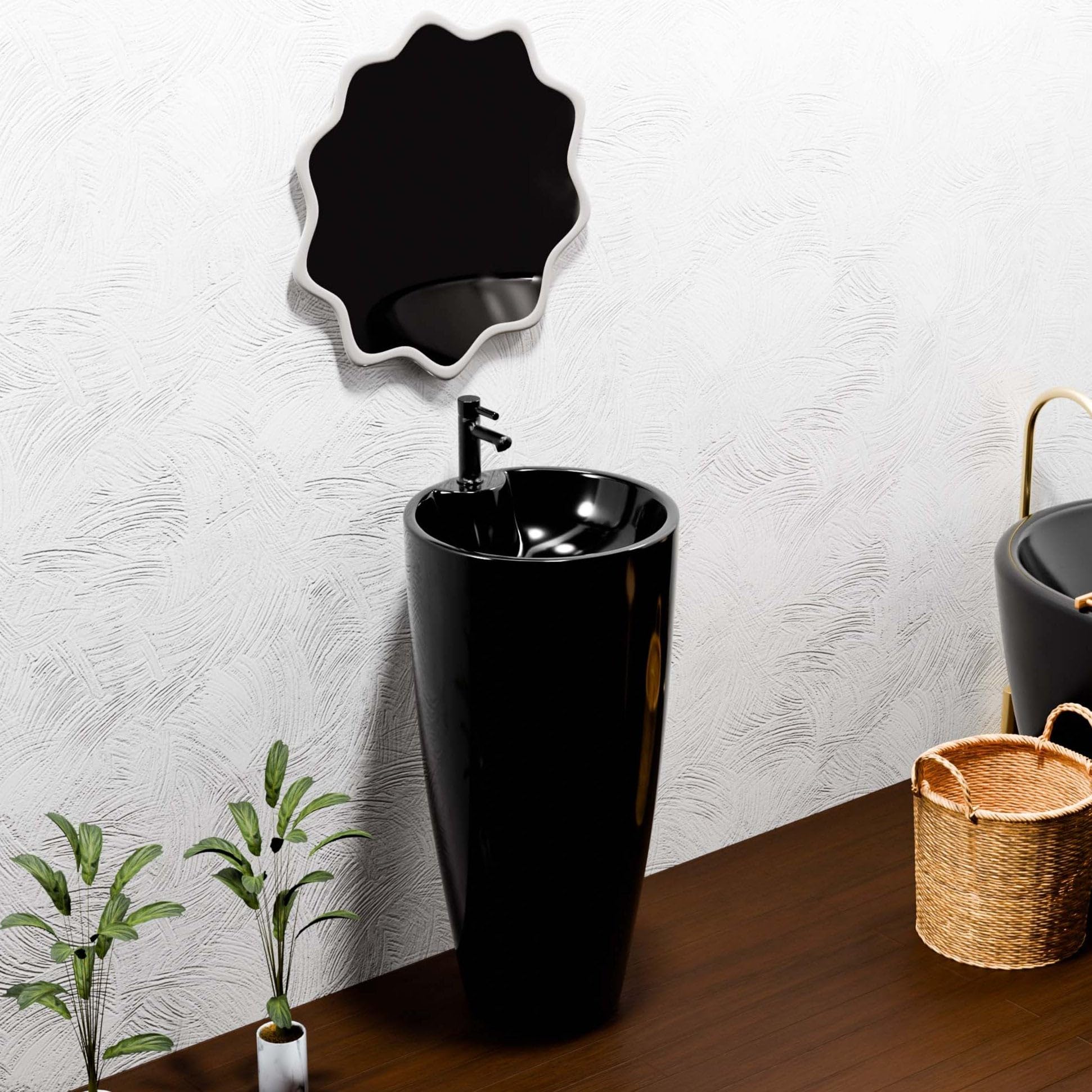 InArt ceramic round pedestal wash basin designs in glossy black, one piece free standing basin front view