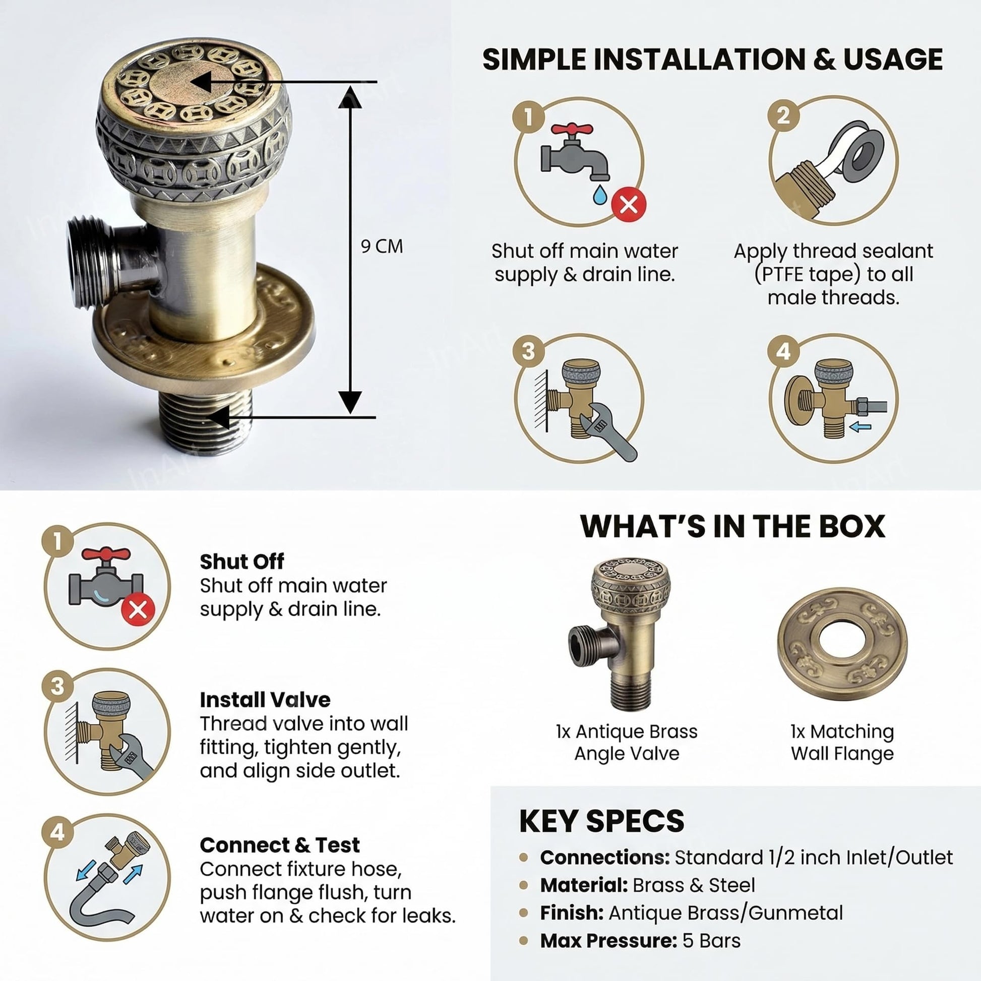 InArt antique bronze stop cock for bathroom, zinc body with wall flange for neat washroom plumbing finish