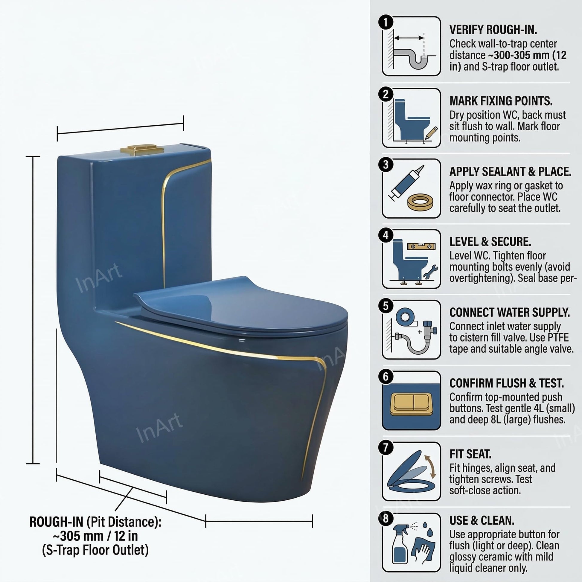Modern bathroom western toilet design in glossy blue ceramic, elongated one piece commode top view