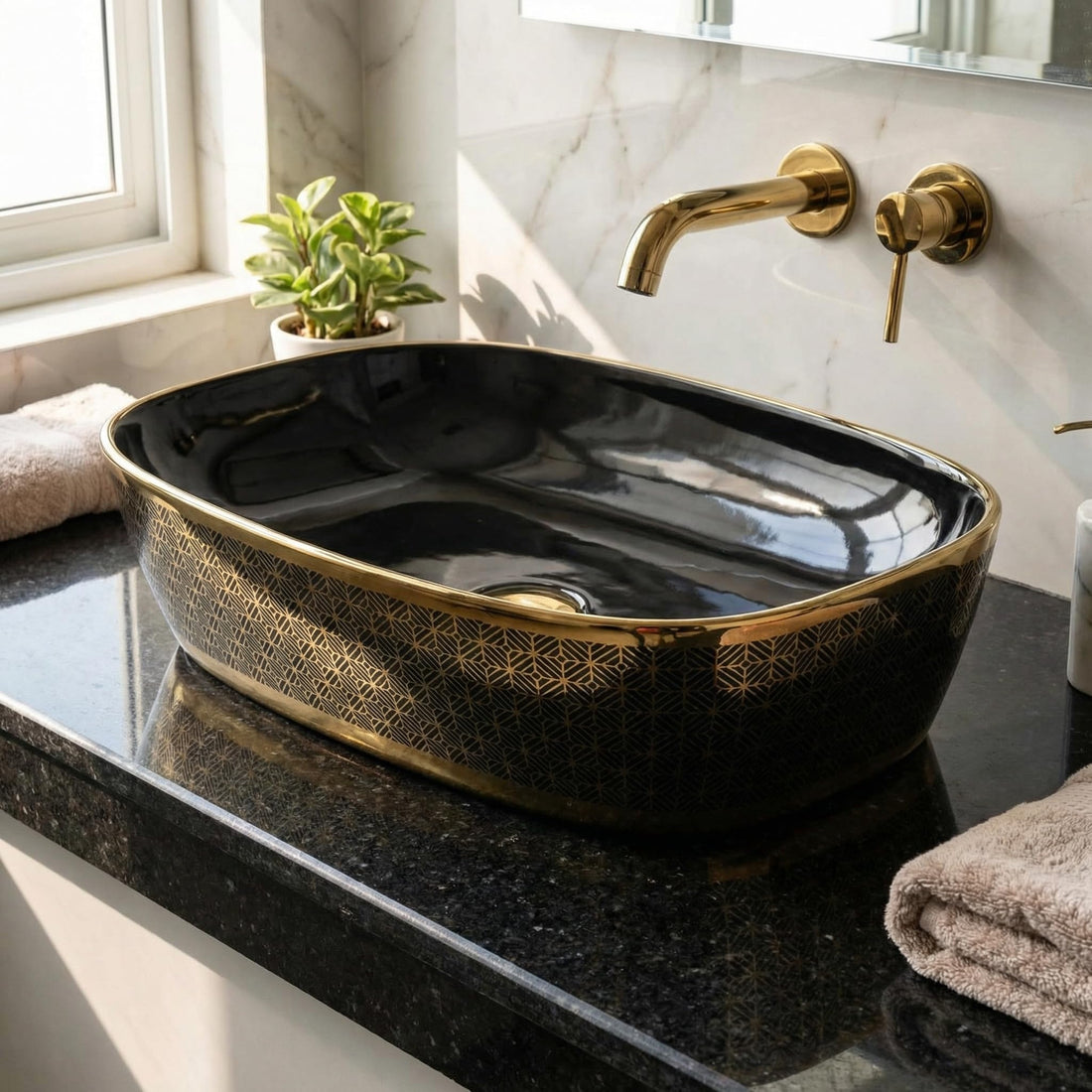 InArt ceramic table top wash basin, oval glossy black gold finish, main front view for bathroom counter