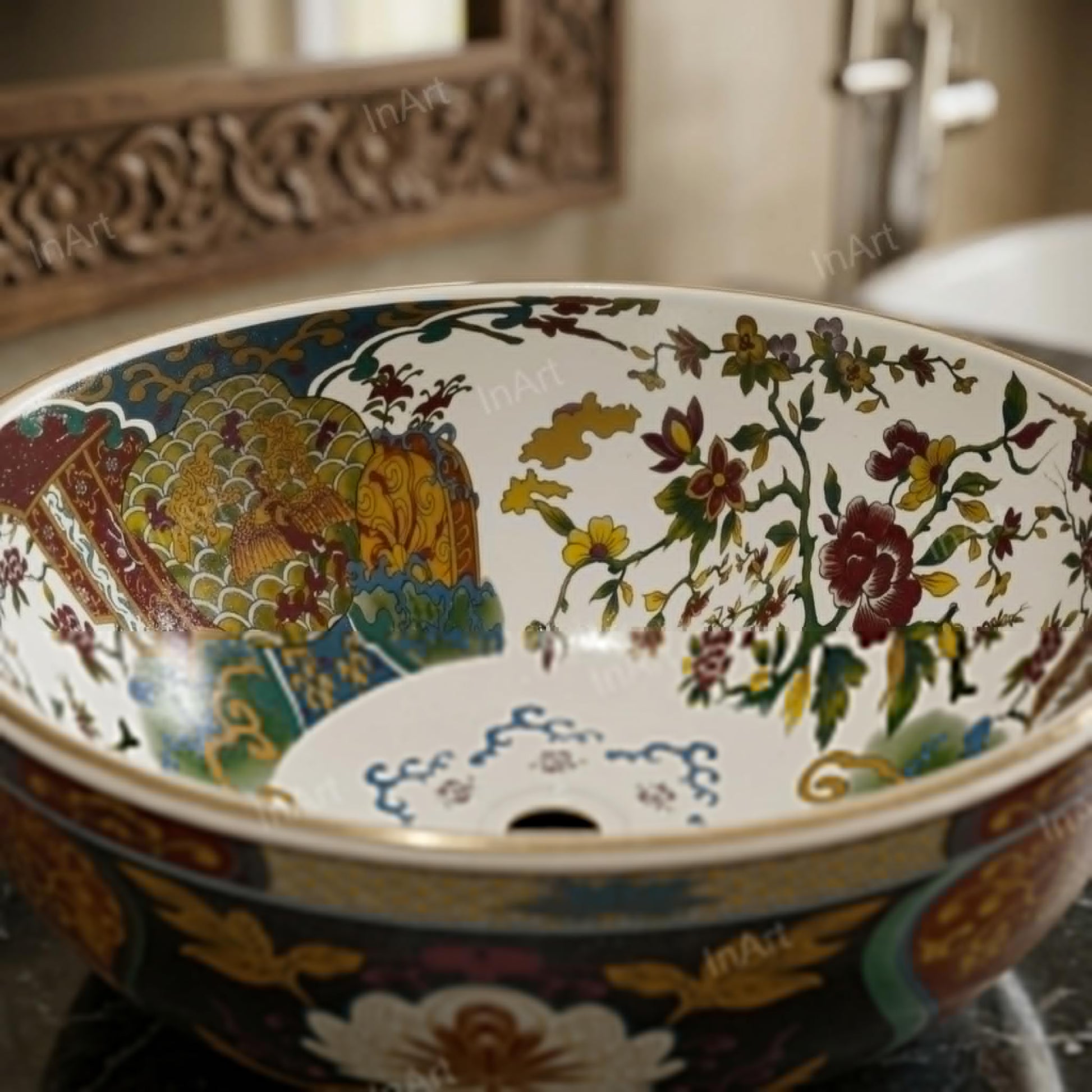 Countertop wash basin ceramic with smooth round rim and deep bowl, premium sanitaryware detail shot