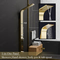 Modern shower tower with rainfall and waterfall shower head, gold finish 5 in 1 shower panel, side angle