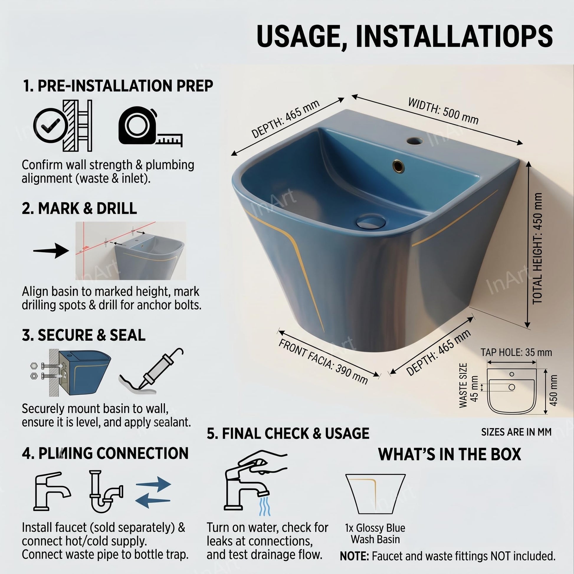 Wall mounted bathroom sink basin in glossy blue ceramic, compact 20 x 18 wash basin wall hanging style