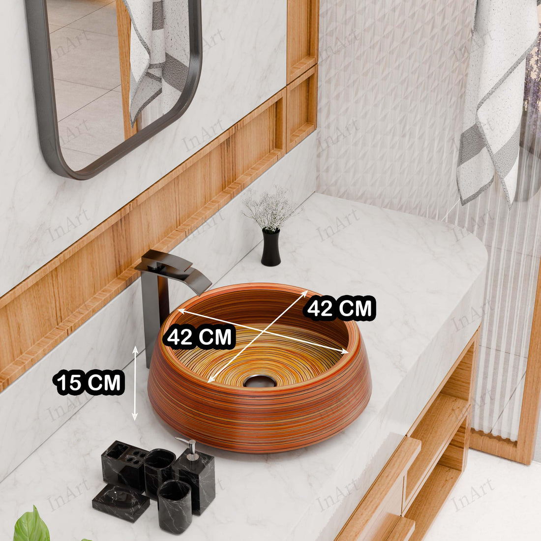 InArt ceramic square table top wash basin with cabinet look, wooden brown finish, 42x42 cm main view