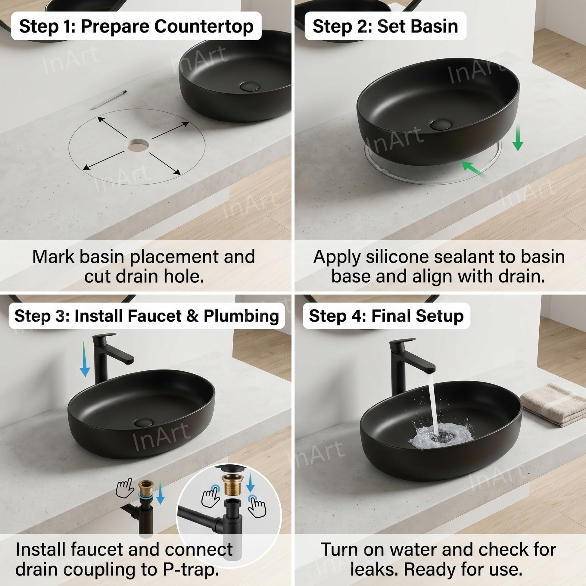 Top view of oval ceramic wash basin with smooth matte black surface