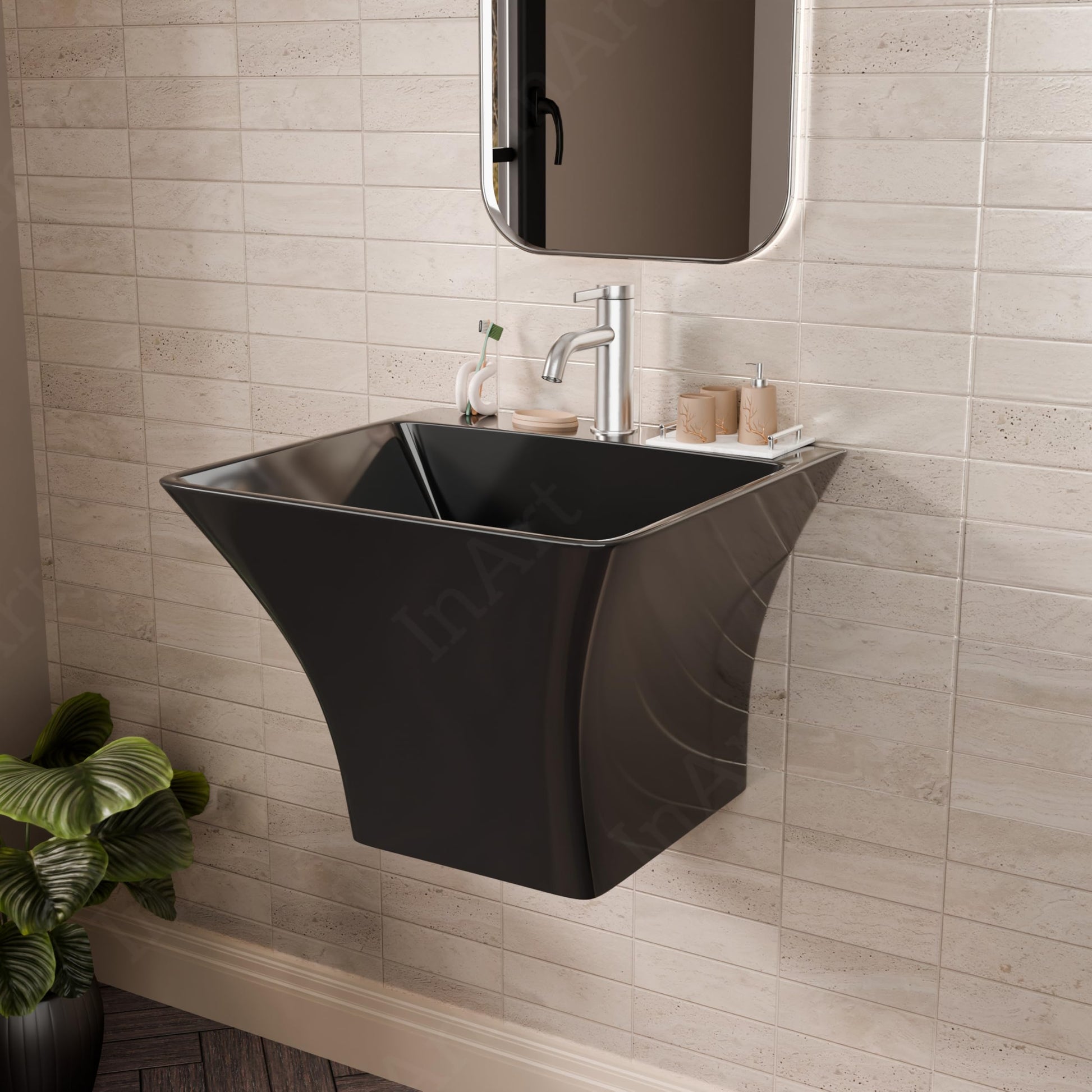 Rectangular black ceramic basin and half pedestal set, wall mounted wash basin for modern Indian bathroom
