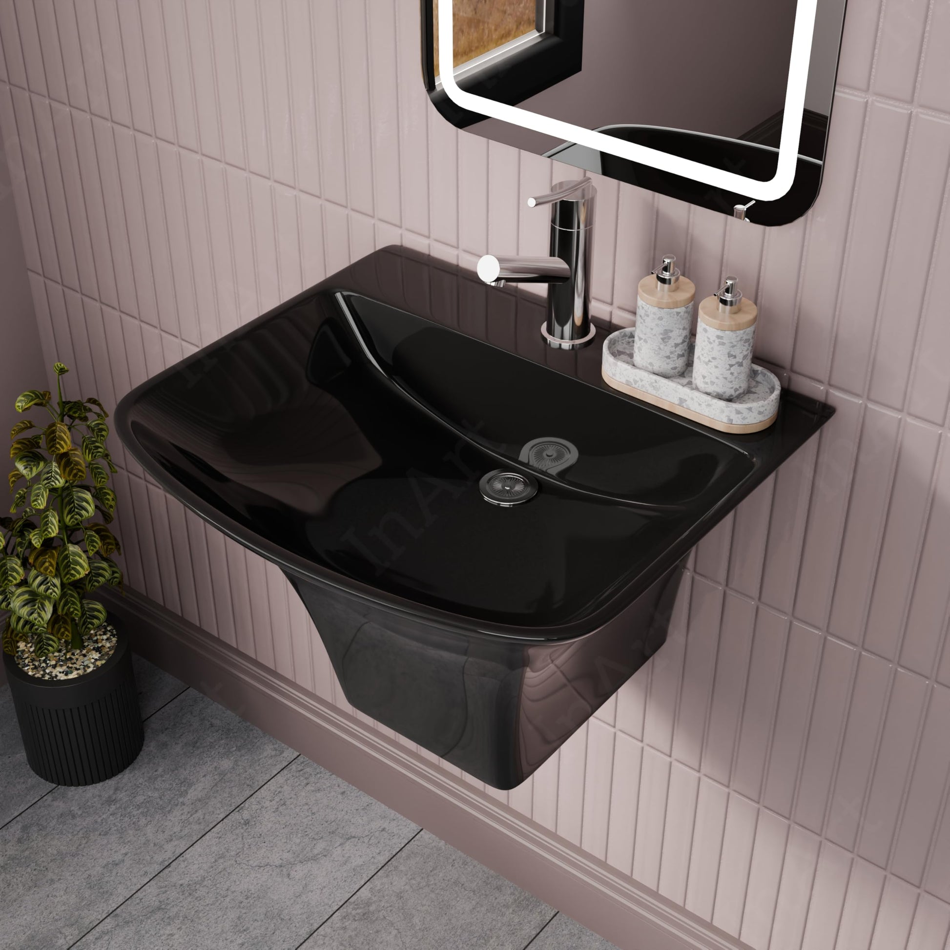 Premium sanitaryware for Indian bathroom, InArt black ceramic wall hung wash basin with half pedestal